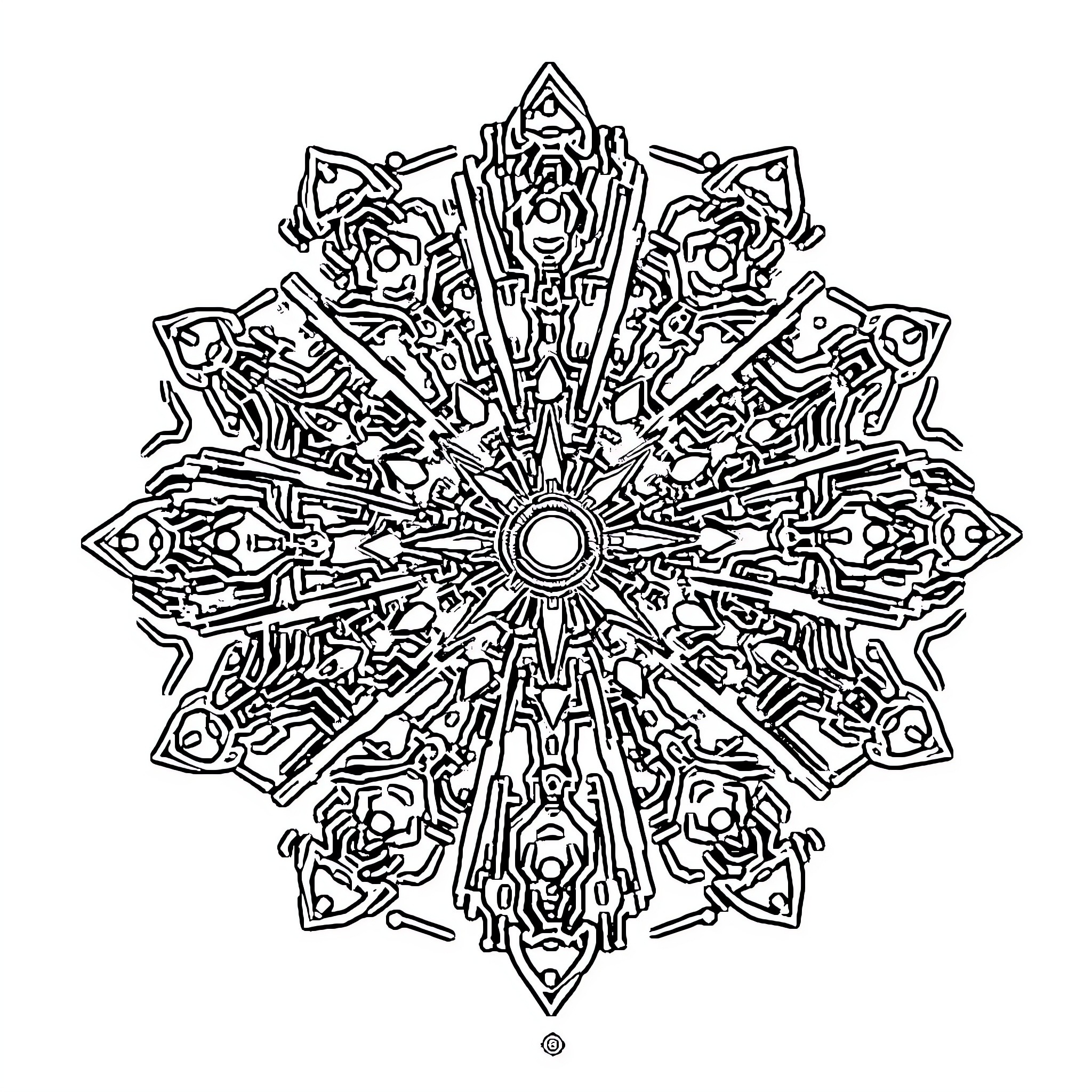 Mandala of intricate geometric patterns Coloring Page (free black-and-white line drawing printable PDF for all, from beginners to advanced learners, including children, teens, adults, and seniors)