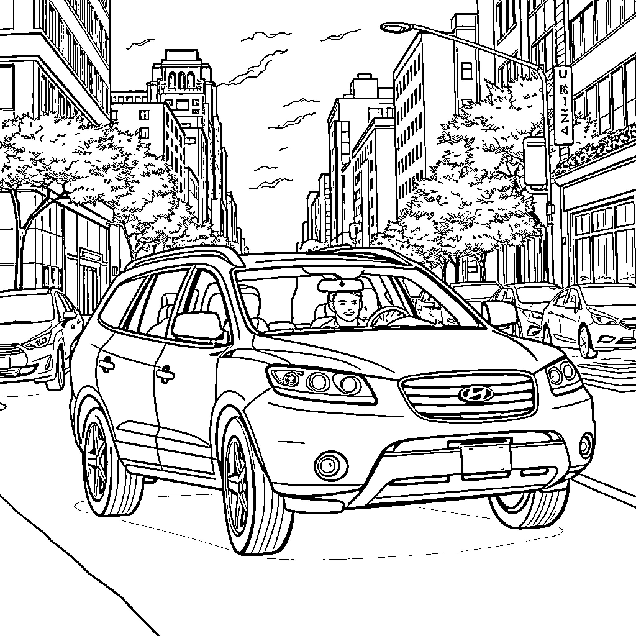 Guy driving sporty SUV on city street Coloring Page (free black-and-white line drawing printable PDF for all, from beginners to advanced learners, including children, teens, adults, and seniors)