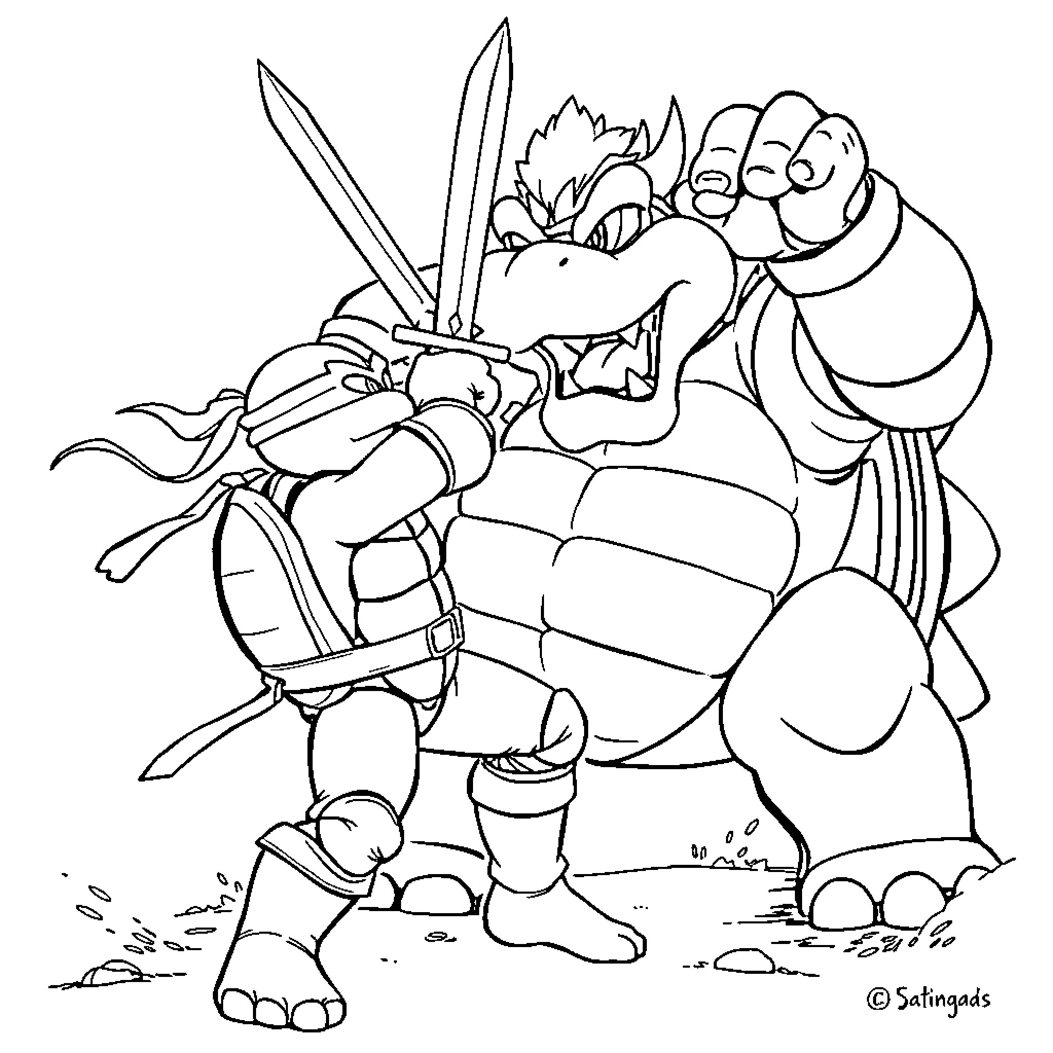 Ninja Turtle warriors engaged in fierce battle Coloring Page (free black-and-white line drawing printable PDF for all, from beginners to advanced learners, including children, teens, adults, and seniors)