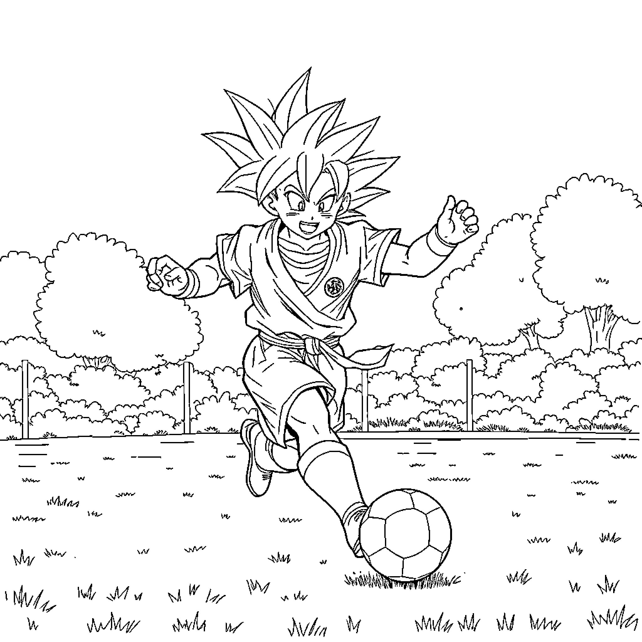 Son Goku playing soccer in an outdoor setting Coloring Page (free black-and-white line drawing printable PDF for all, from beginners to advanced learners, including children, teens, adults, and seniors)
