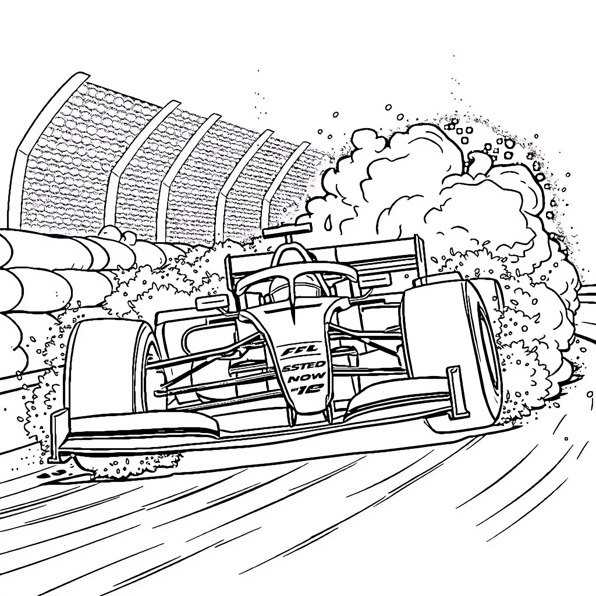 F1 Car speeding on the track with smoke and motion blur Coloring Page (free black-and-white line drawing printable PDF for all, from beginners to advanced learners, including children, teens, adults, and seniors)