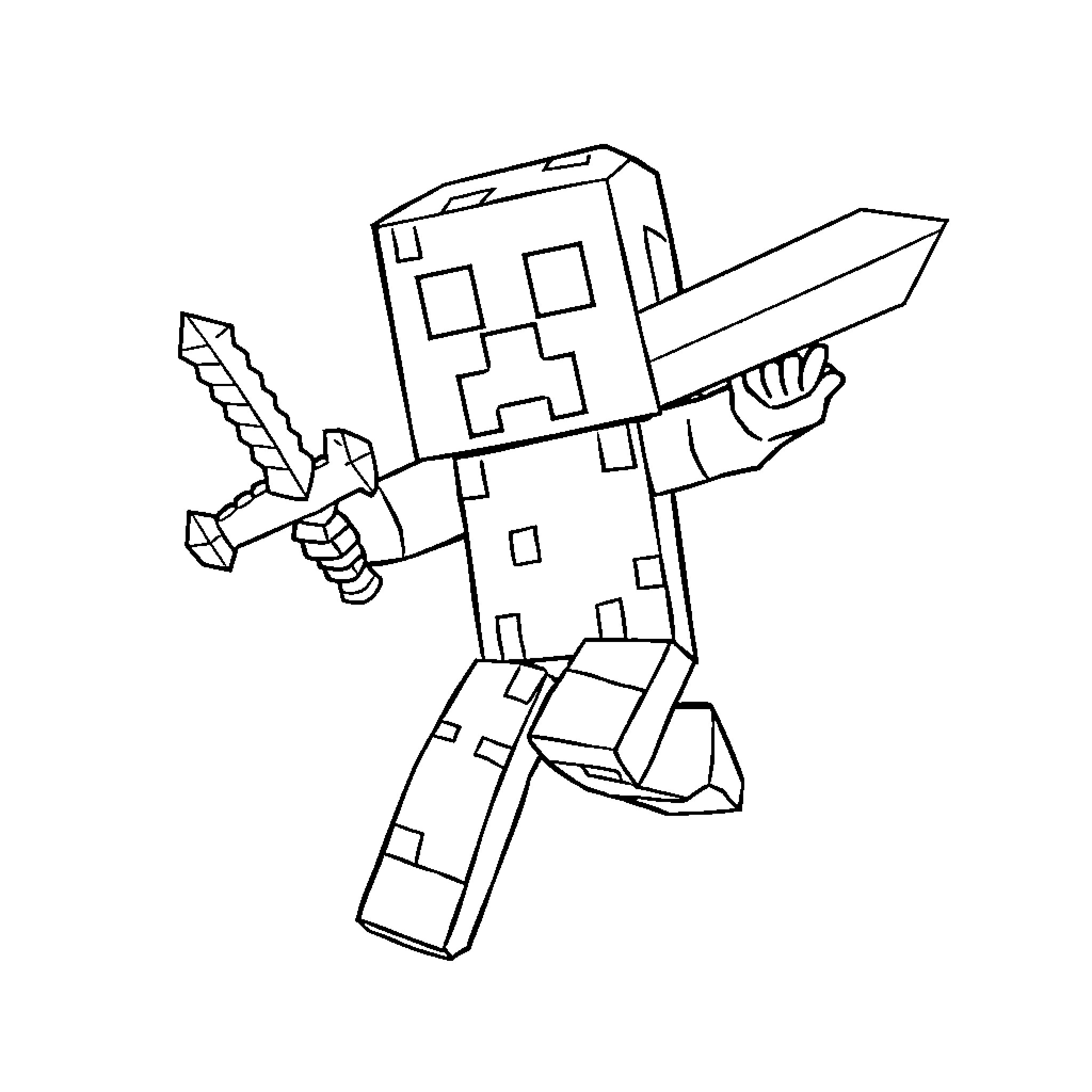 Creeper wielding a sword in a blocky style Coloring Page (free black-and-white line drawing printable PDF for all, from beginners to advanced learners, including children, teens, adults, and seniors)