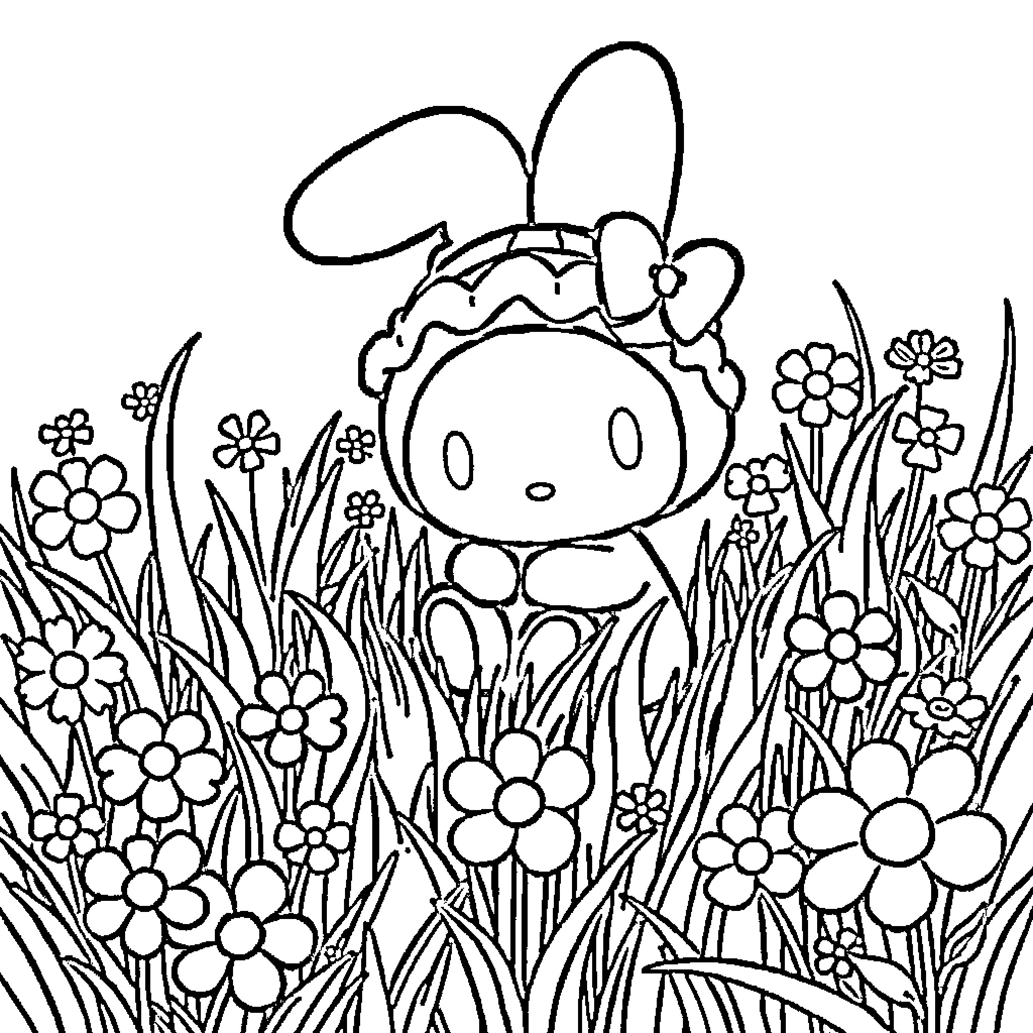 Melody exploring a whimsical floral garden Coloring Page (free black-and-white line drawing printable PDF for all, from beginners to advanced learners, including children, teens, adults, and seniors)