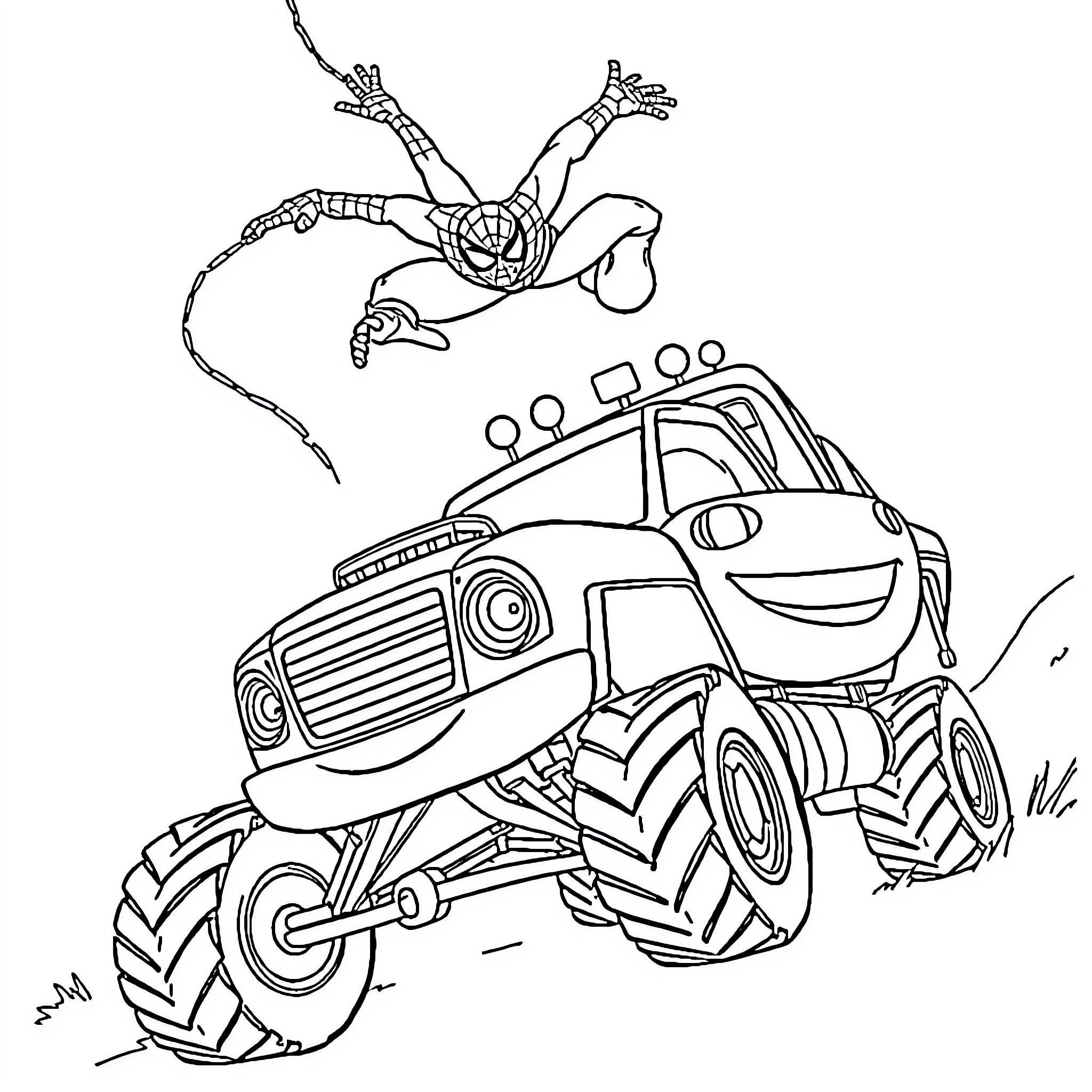 Spider-Man swinging over a monster truck in action Coloring Page (free black-and-white line drawing printable PDF for all, from beginners to advanced learners, including children, teens, adults, and seniors)