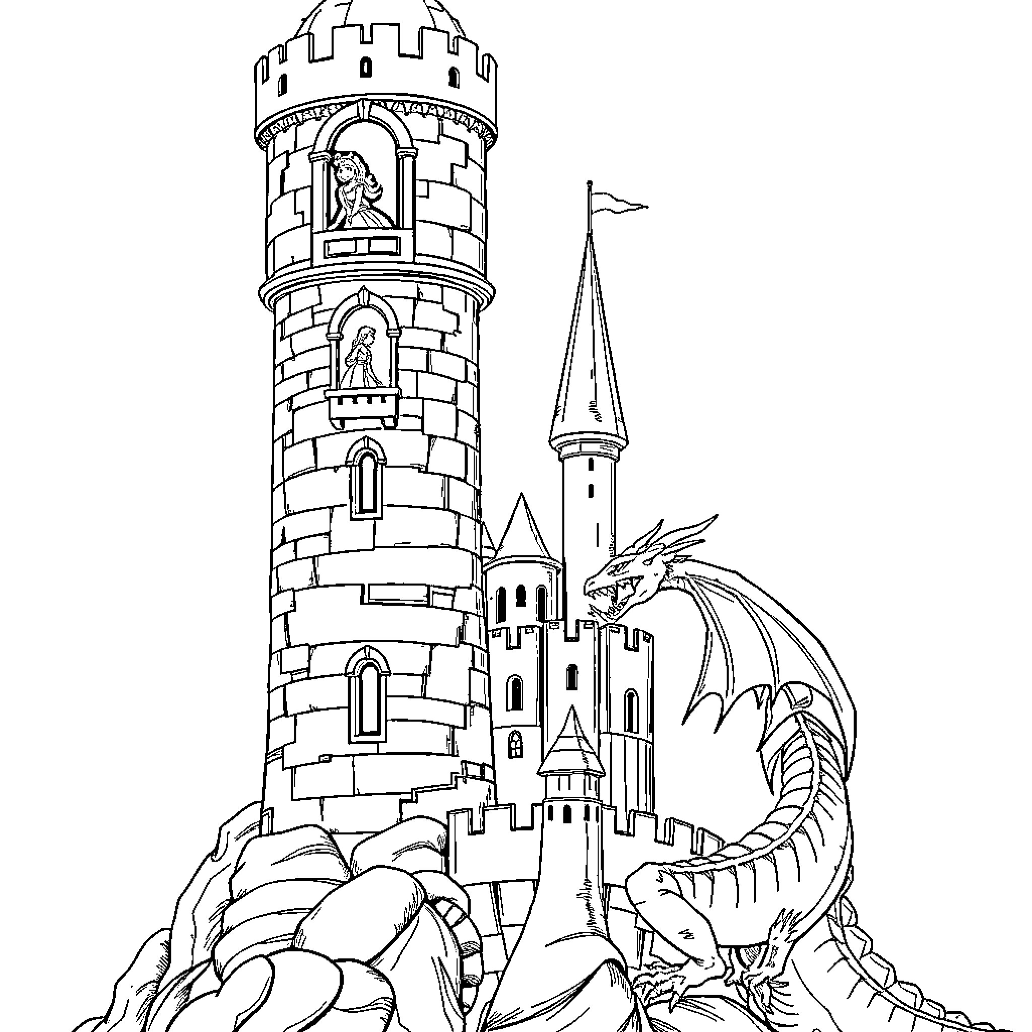 Princess exploring a magical castle with a dragon Coloring Page (free black-and-white line drawing printable PDF for all, from beginners to advanced learners, including children, teens, adults, and seniors)