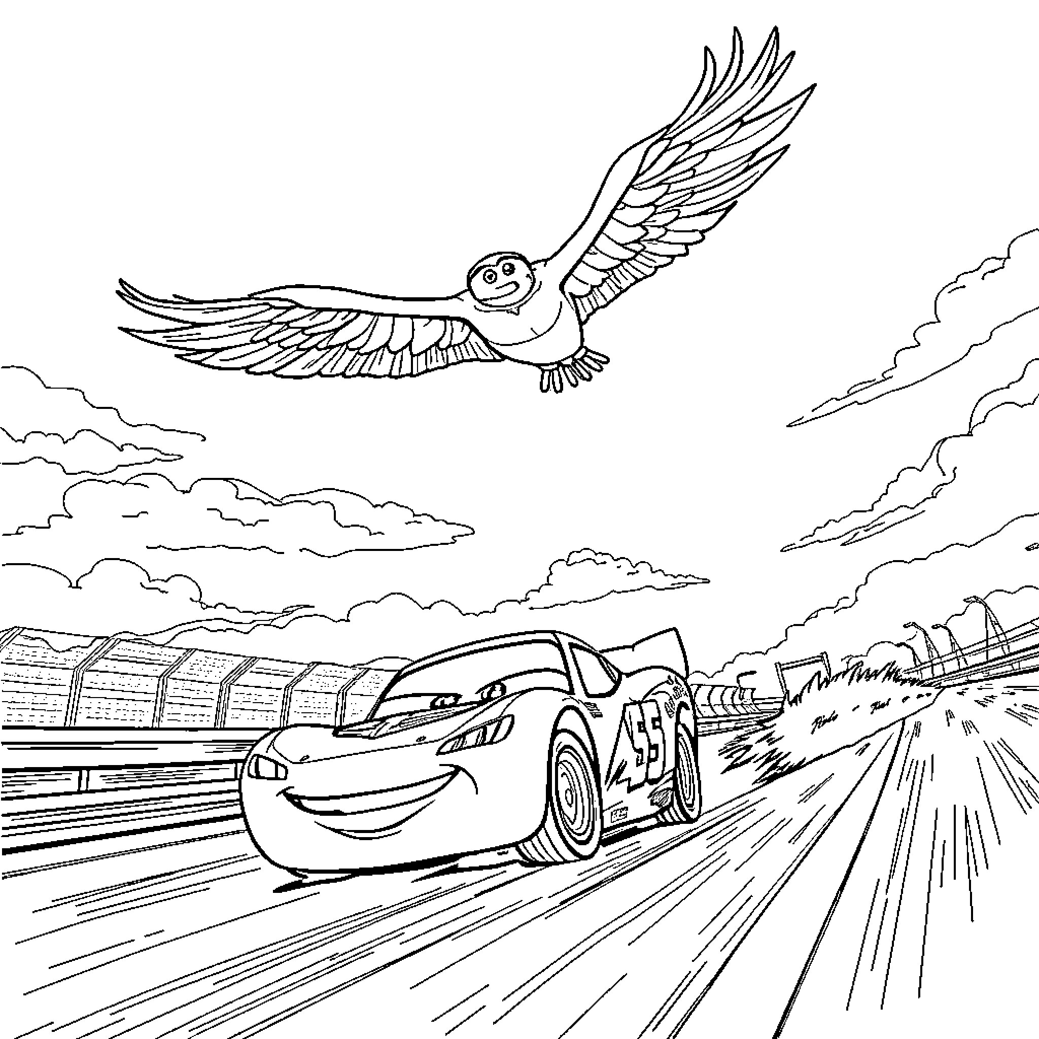 Wings soaring over speeding car race Coloring Page (free black-and-white line drawing printable PDF for all, from beginners to advanced learners, including children, teens, adults, and seniors)