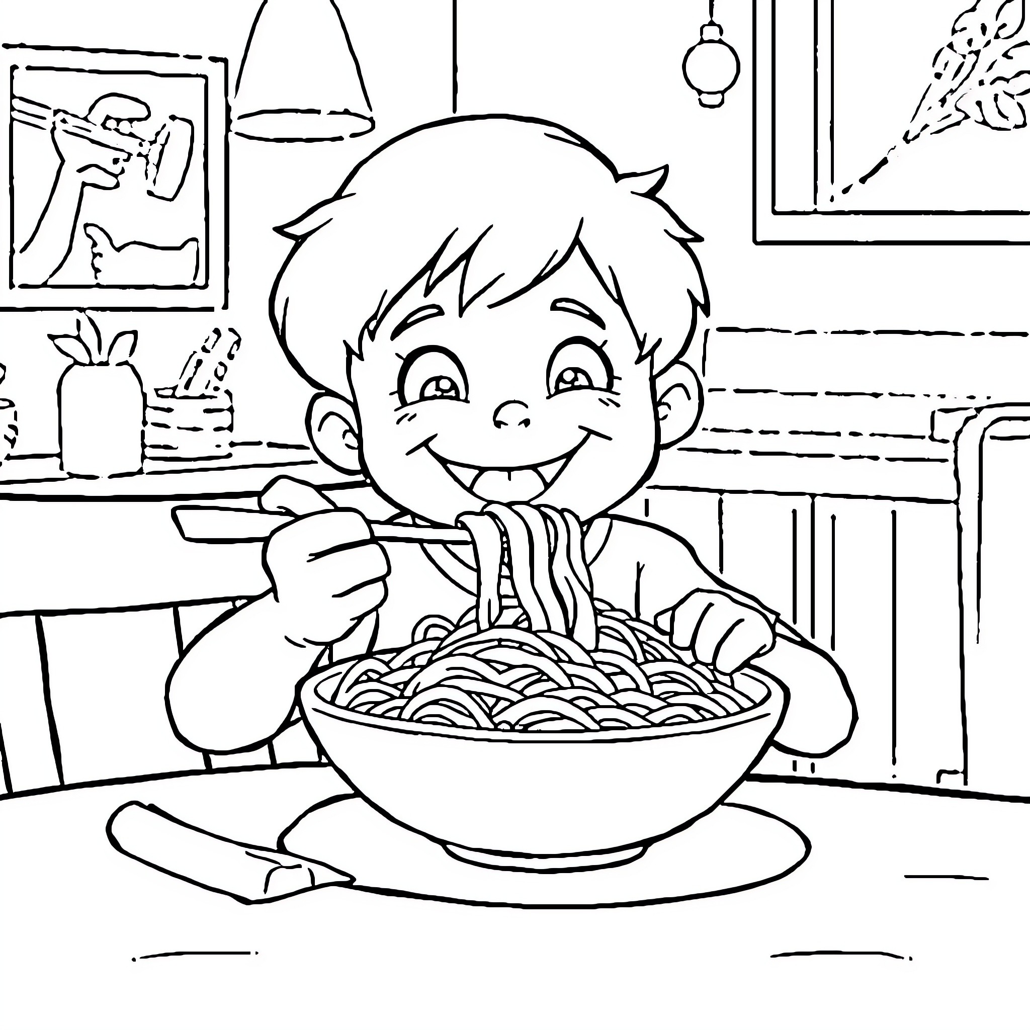 Kid Enjoying a Delicious Meal at Home Coloring Page (free black-and-white line drawing printable PDF for all, from beginners to advanced learners, including children, teens, adults, and seniors)