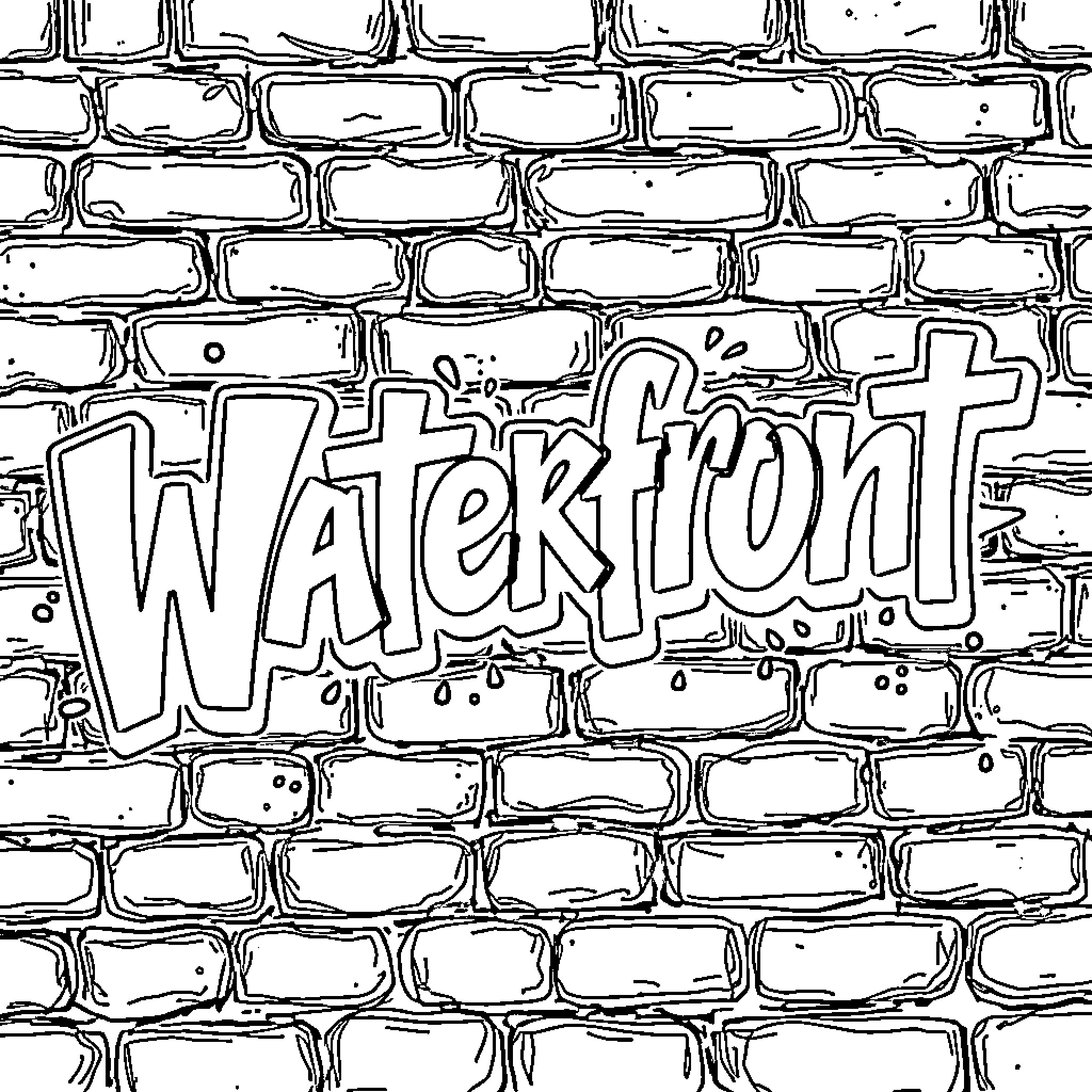 Waterfront graffiti on brick wall Coloring Page (free black-and-white line drawing printable PDF for all, from beginners to advanced learners, including children, teens, adults, and seniors)