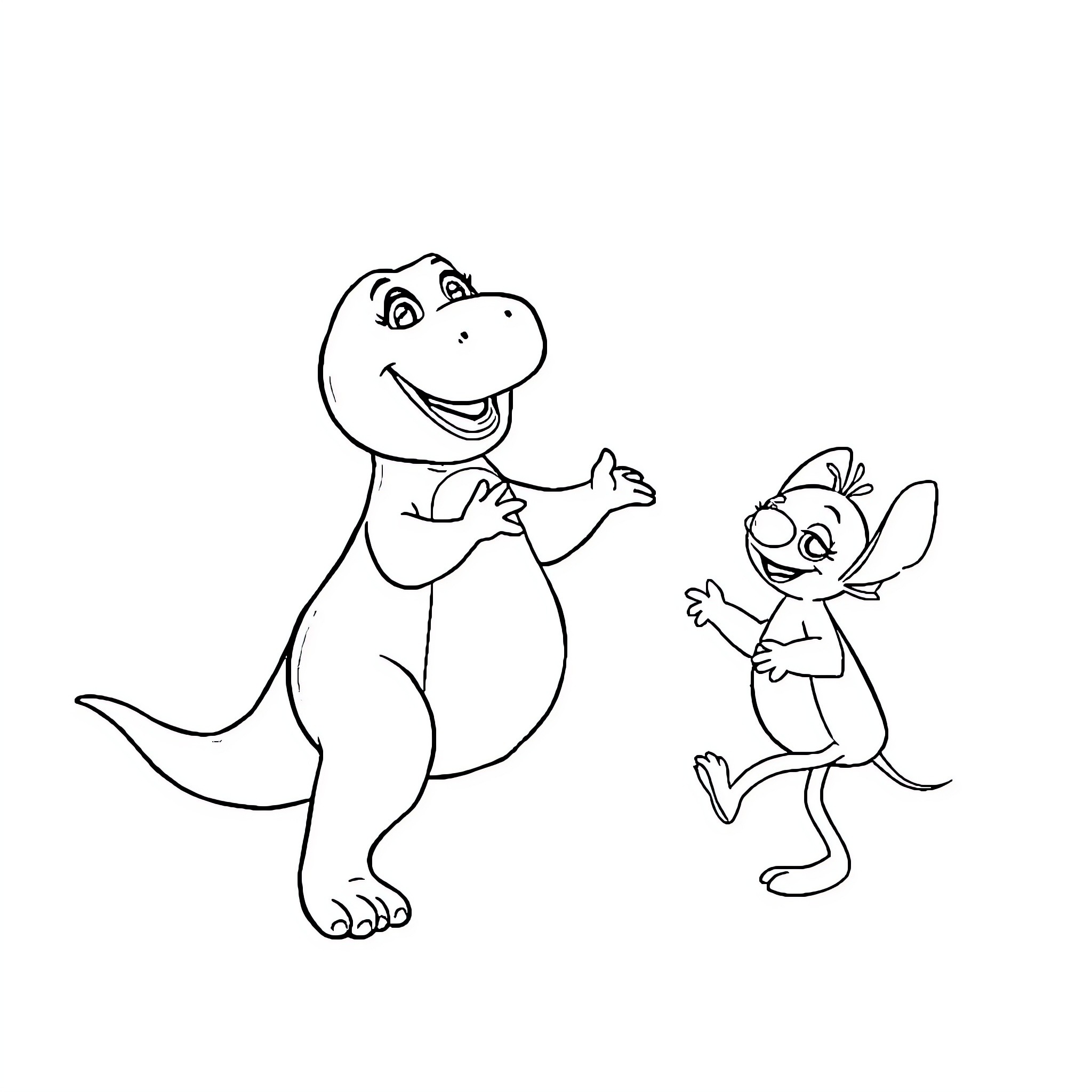 Barney and Stitch playing together happily Coloring Page (free black-and-white line drawing printable PDF for all, from beginners to advanced learners, including children, teens, adults, and seniors)