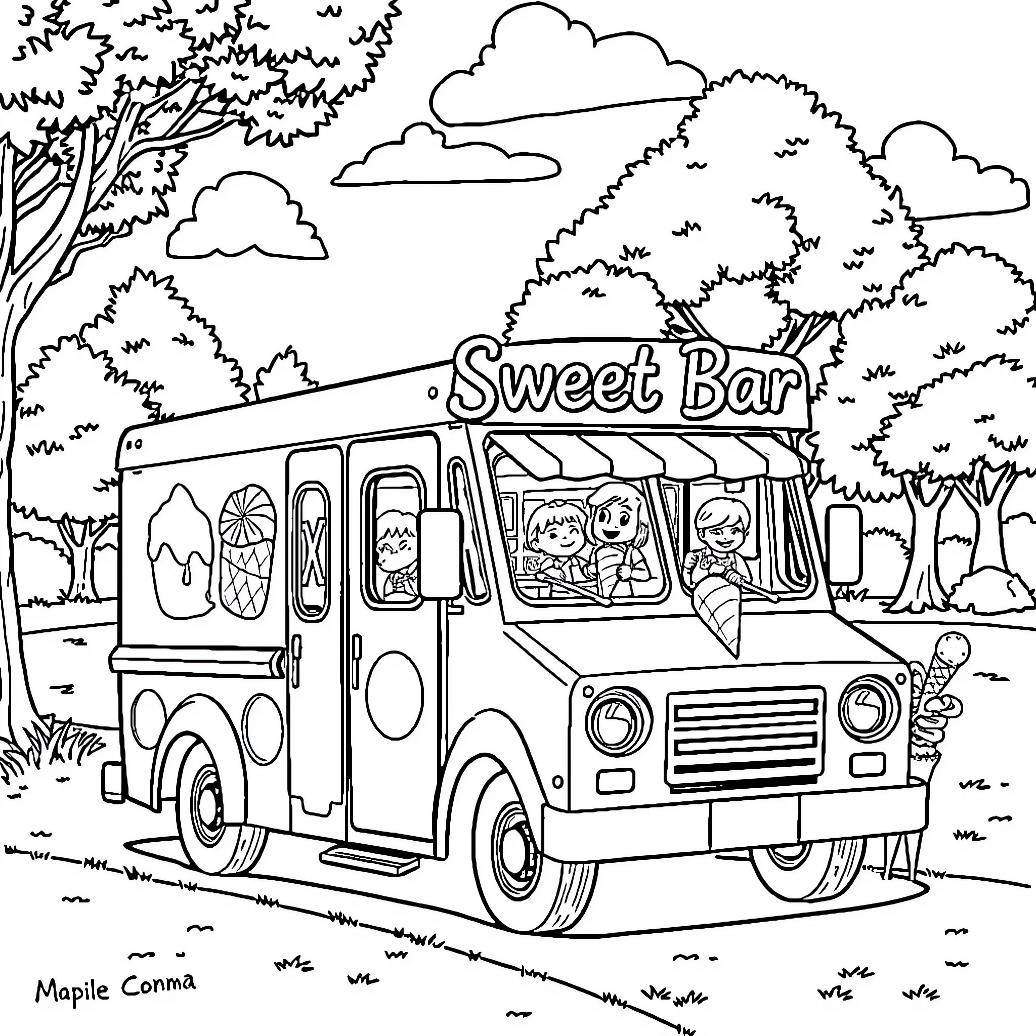 Ice Cream Truck Serving Happy Customers in the Park Coloring Page (free black-and-white line drawing printable PDF for all, from beginners to advanced learners, including children, teens, adults, and seniors)