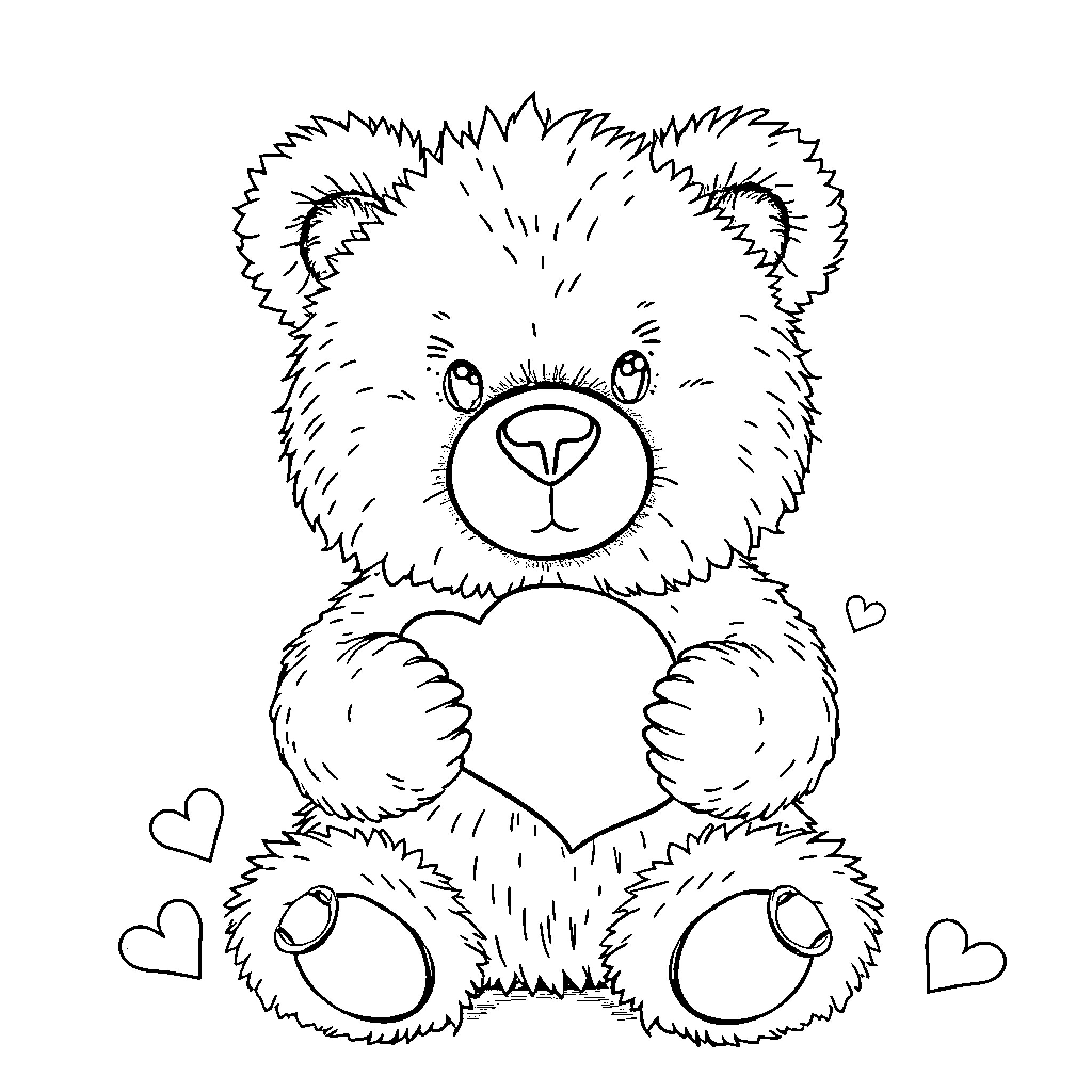 Bear hugging a heart-shaped pillow Coloring Page (free black-and-white line drawing printable PDF for all, from beginners to advanced learners, including children, teens, adults, and seniors)