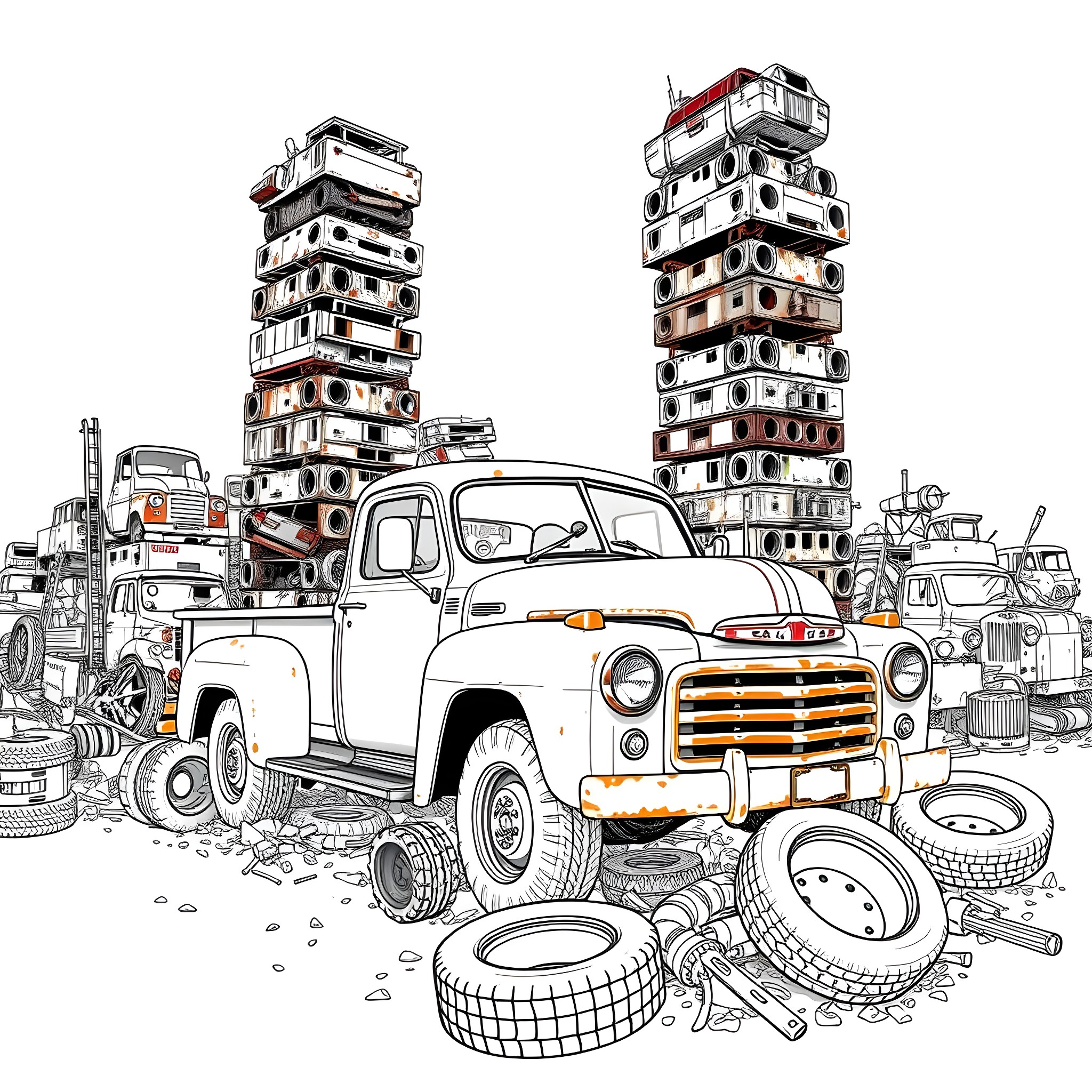 Pick Up Truck in Auto Parts Junkyard Coloring Page (free black-and-white line drawing printable PDF for all, from beginners to advanced learners, including children, teens, adults, and seniors)