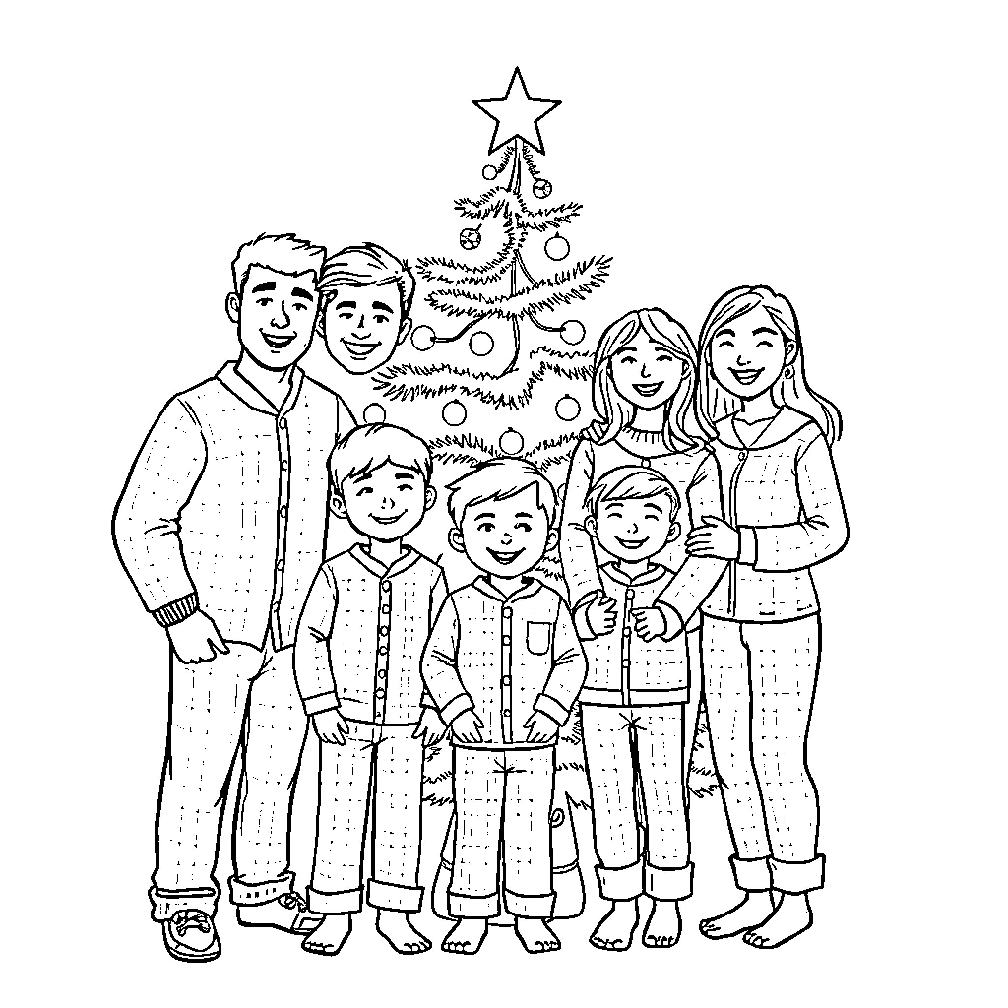 Family gathered around Christmas tree Coloring Page (free black-and-white line drawing printable PDF for all, from beginners to advanced learners, including children, teens, adults, and seniors)