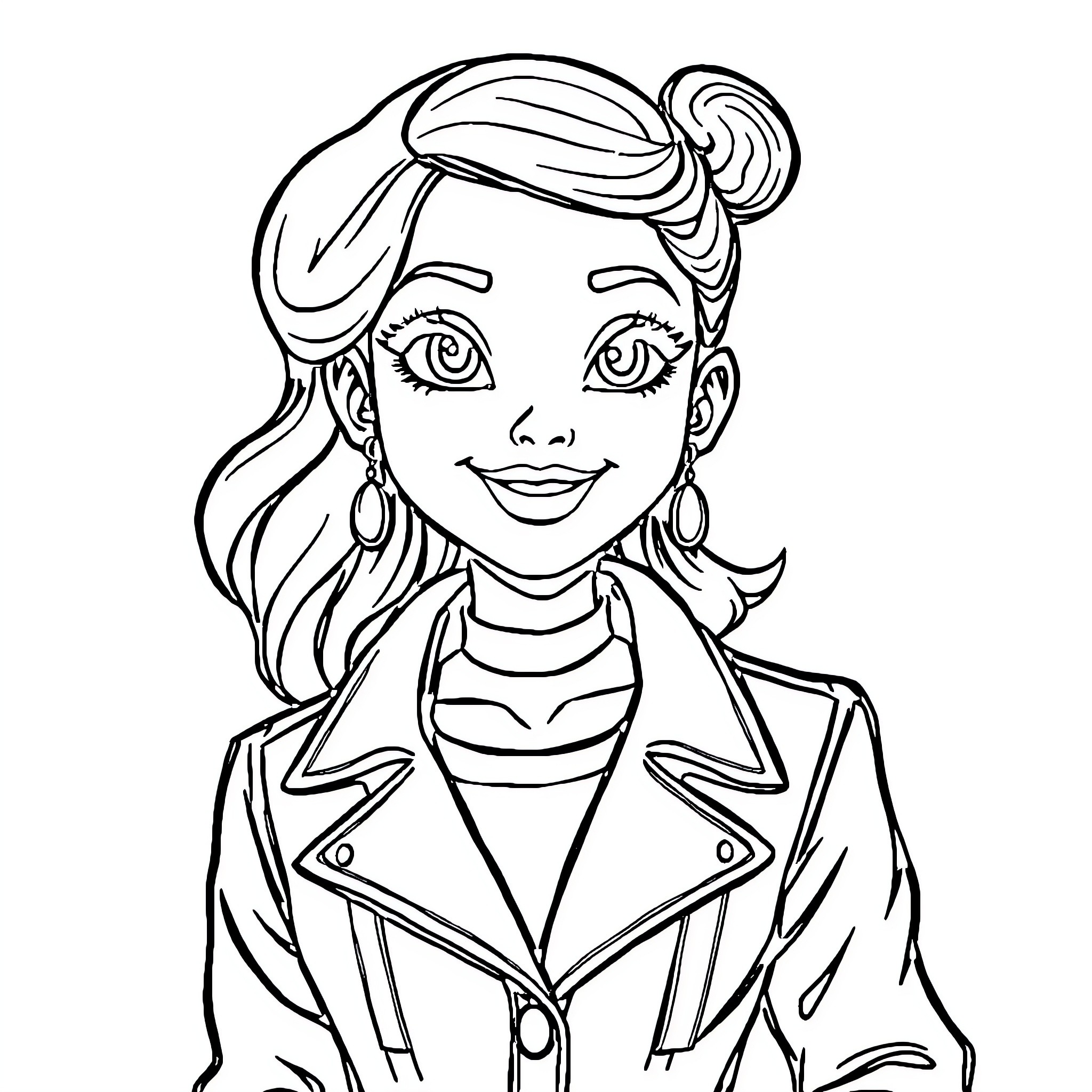 Girl in stylish jacket with cheerful expression Coloring Page (free black-and-white line drawing printable PDF for all, from beginners to advanced learners, including children, teens, adults, and seniors)