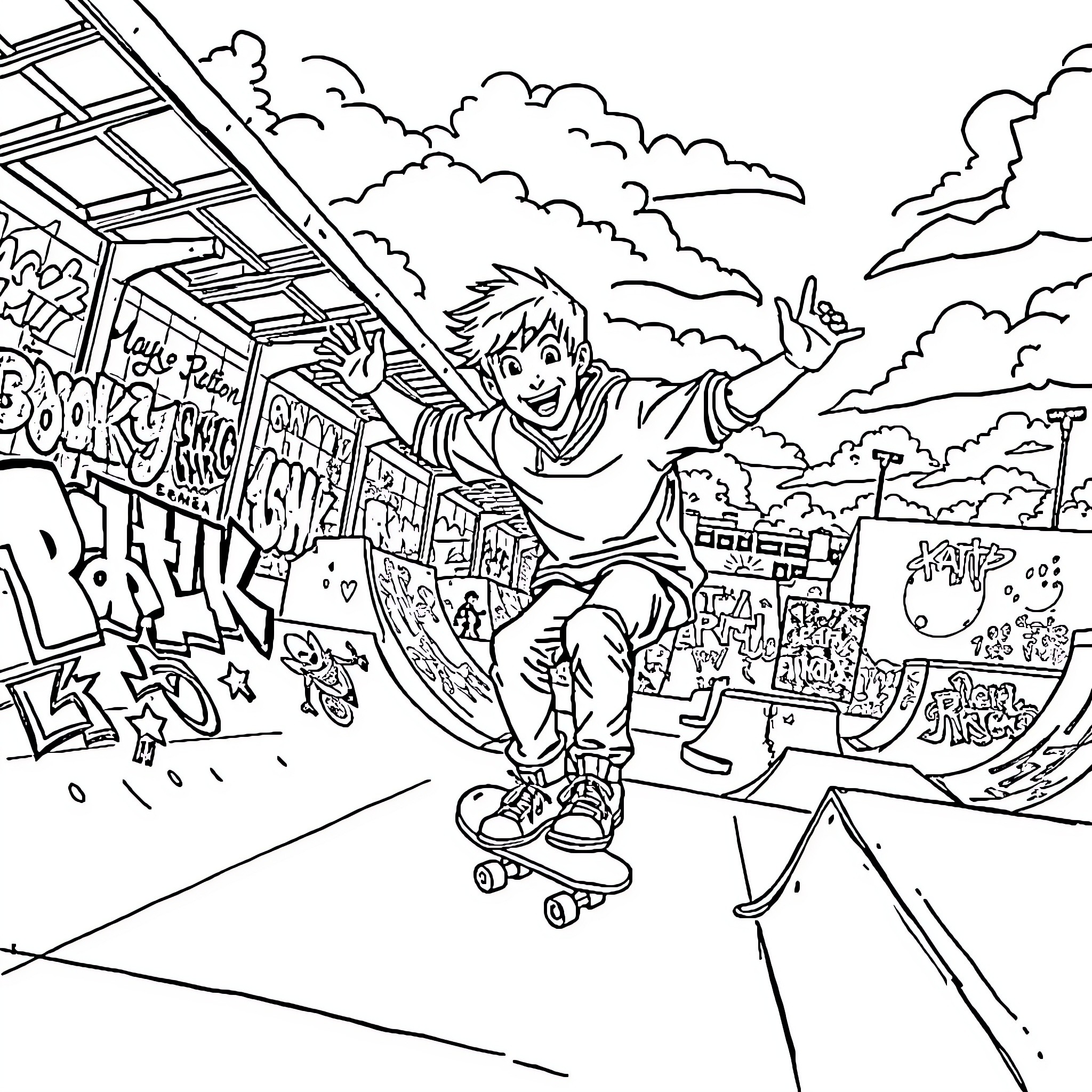 Boy skateboarding through graffiti-filled urban landscape Coloring Page (free black-and-white line drawing printable PDF for all, from beginners to advanced learners, including children, teens, adults, and seniors)