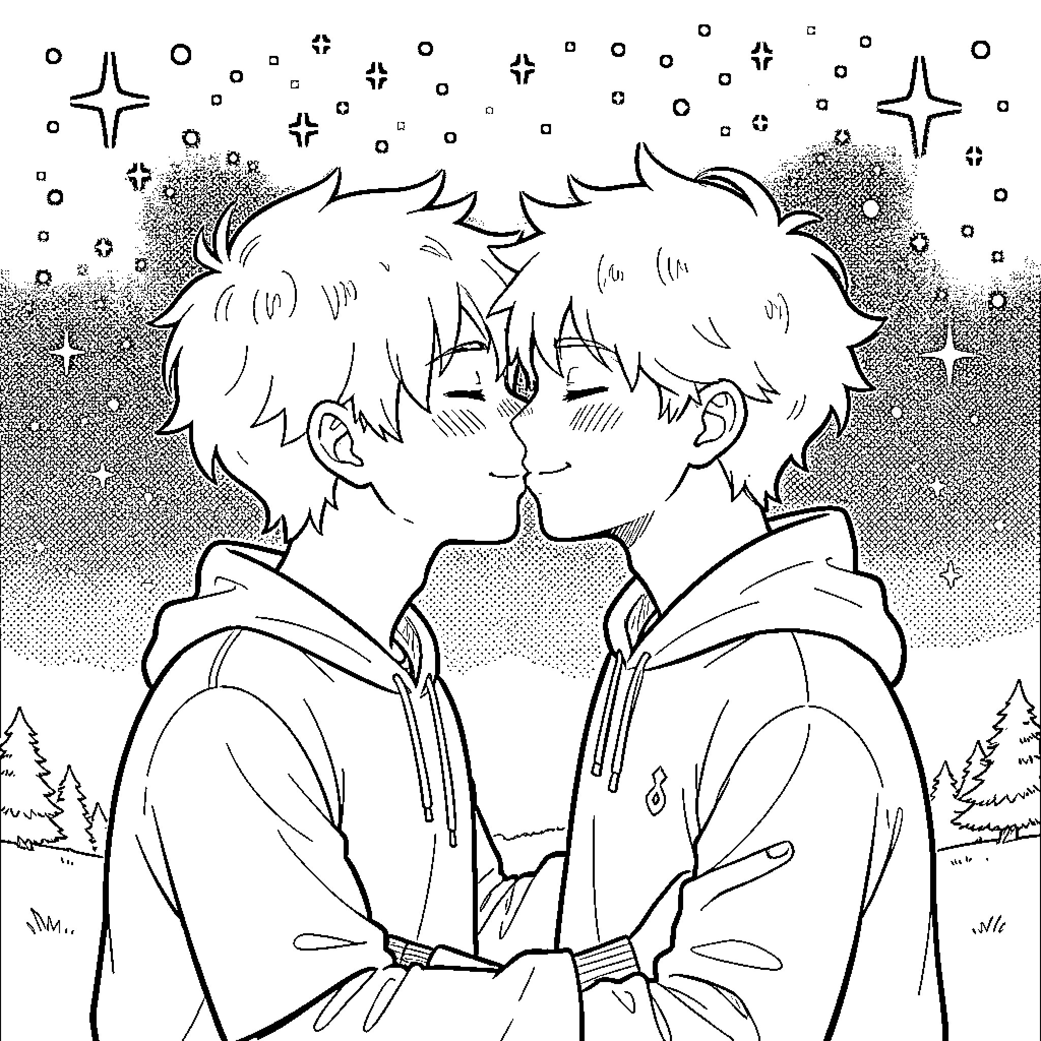 Nick and Charlie's intimate moment in the starry night Coloring Page (free black-and-white line drawing printable PDF for all, from beginners to advanced learners, including children, teens, adults, and seniors)