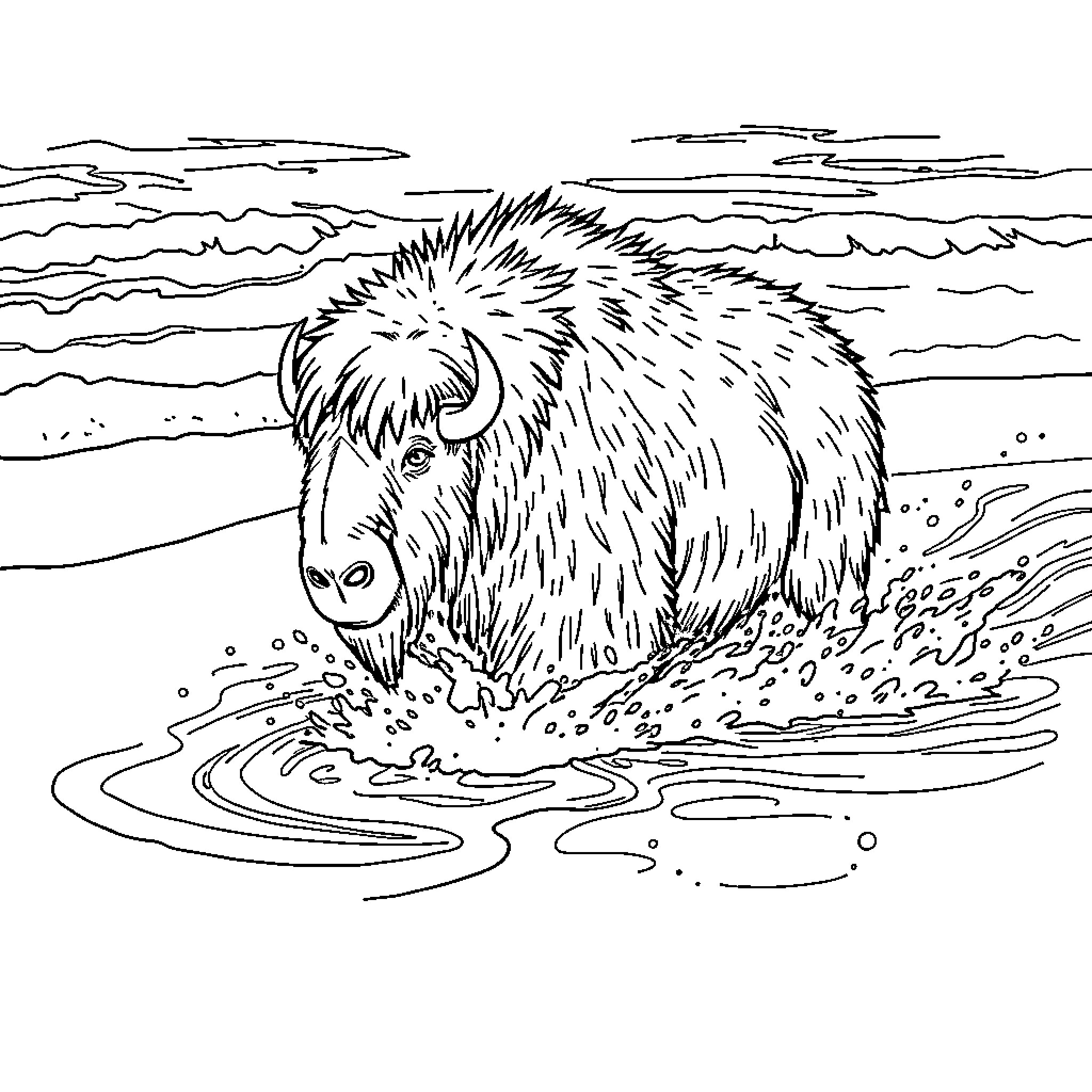 Muskox crossing the snowy landscape Coloring Page (free black-and-white line drawing printable PDF for all, from beginners to advanced learners, including children, teens, adults, and seniors)