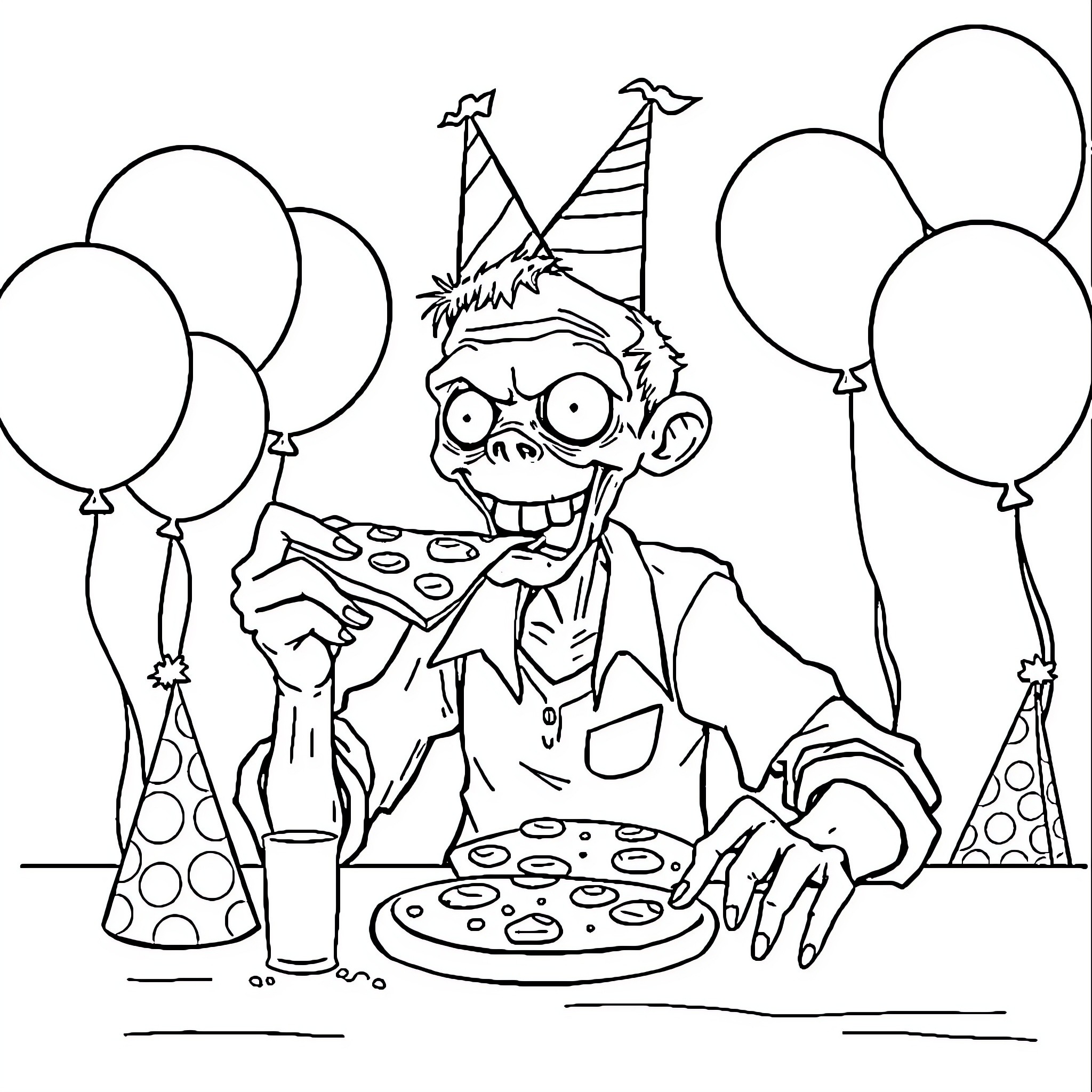 Zombie Clown's Creepy Birthday Party Coloring Page (free black-and-white line drawing printable PDF for all, from beginners to advanced learners, including children, teens, adults, and seniors)