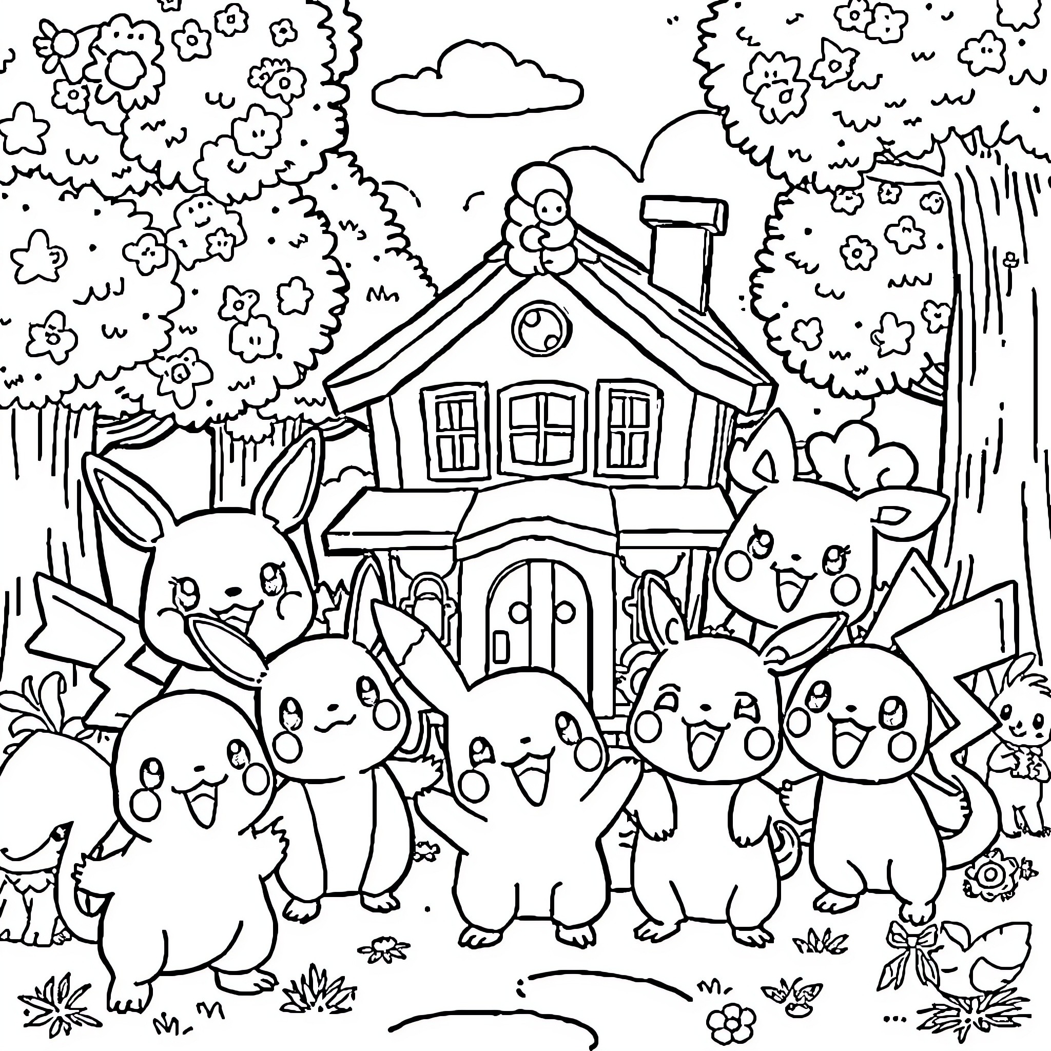 Villager Bunnies Gather Outside Cottage Home Coloring Page (free black-and-white line drawing printable PDF for all, from beginners to advanced learners, including children, teens, adults, and seniors)