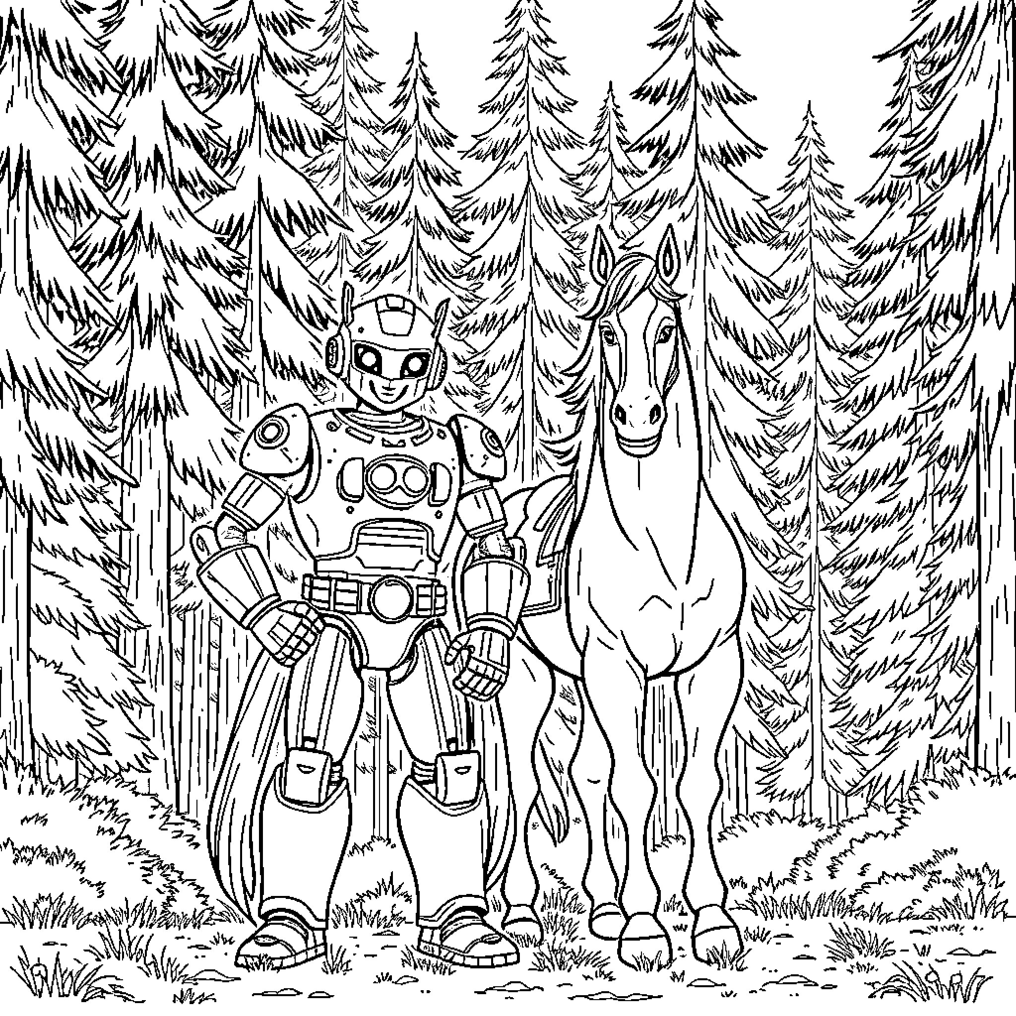 Robot Interacts with Forest Creatures Coloring Page (free black-and-white line drawing printable PDF for all, from beginners to advanced learners, including children, teens, adults, and seniors)