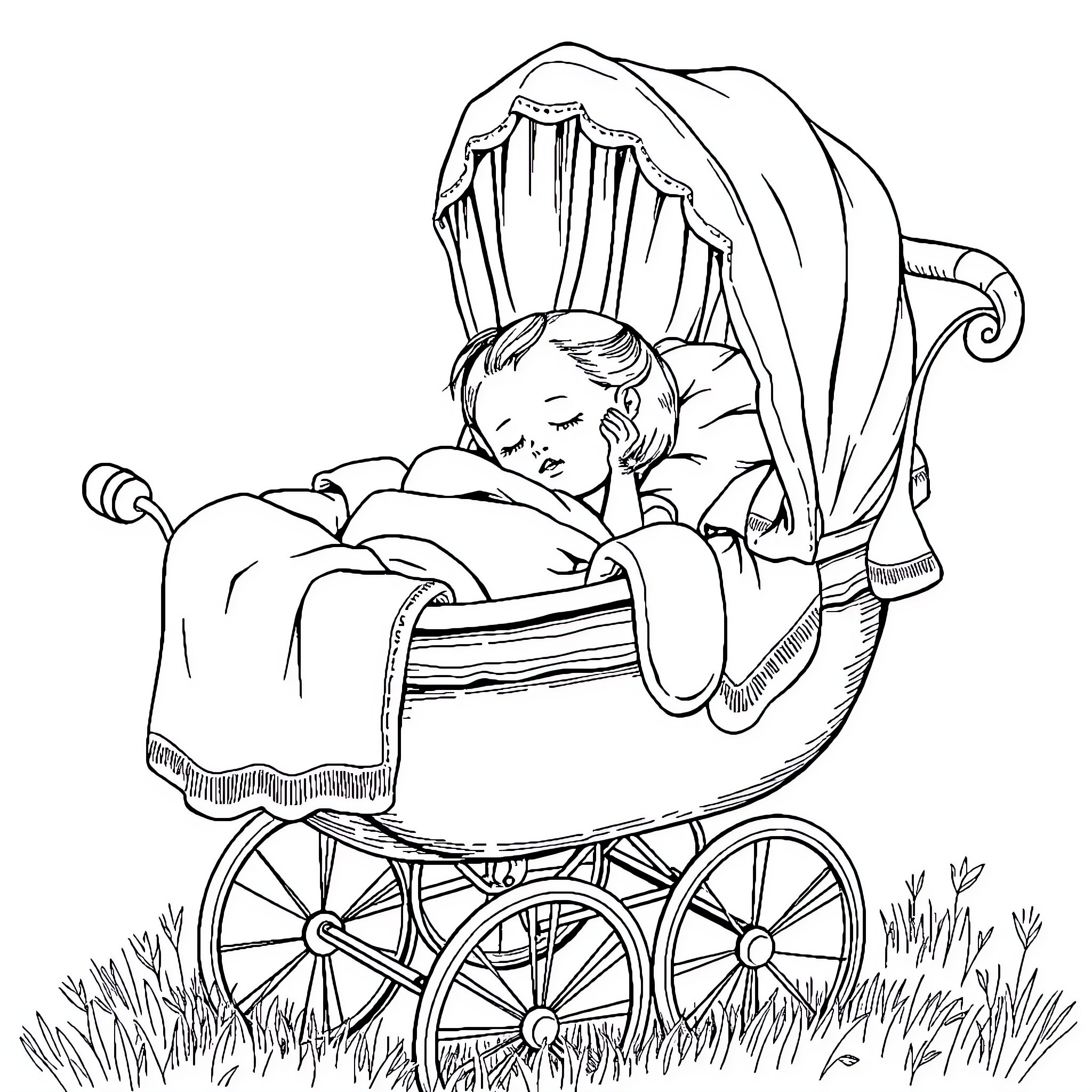 Baby sleeping peacefully in a stroller Coloring Page (free black-and-white line drawing printable PDF for all, from beginners to advanced learners, including children, teens, adults, and seniors)