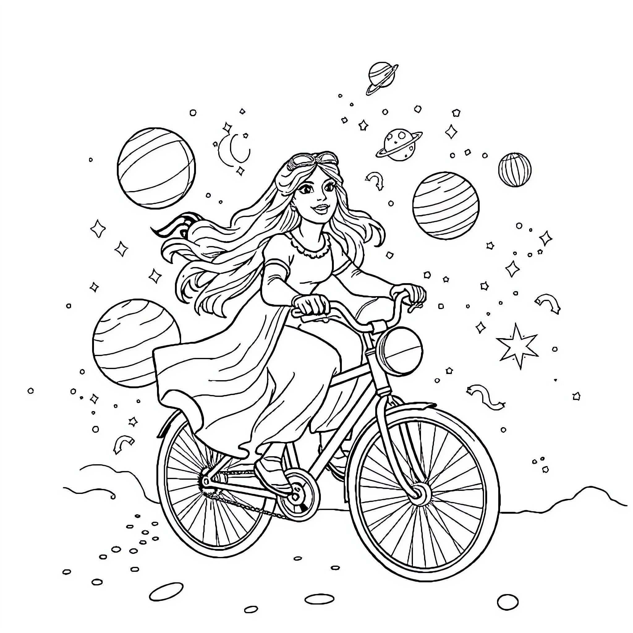 Mother Gothel riding a bicycle in a whimsical cosmic scene Coloring Page (free black-and-white line drawing printable PDF for all, from beginners to advanced learners, including children, teens, adults, and seniors)