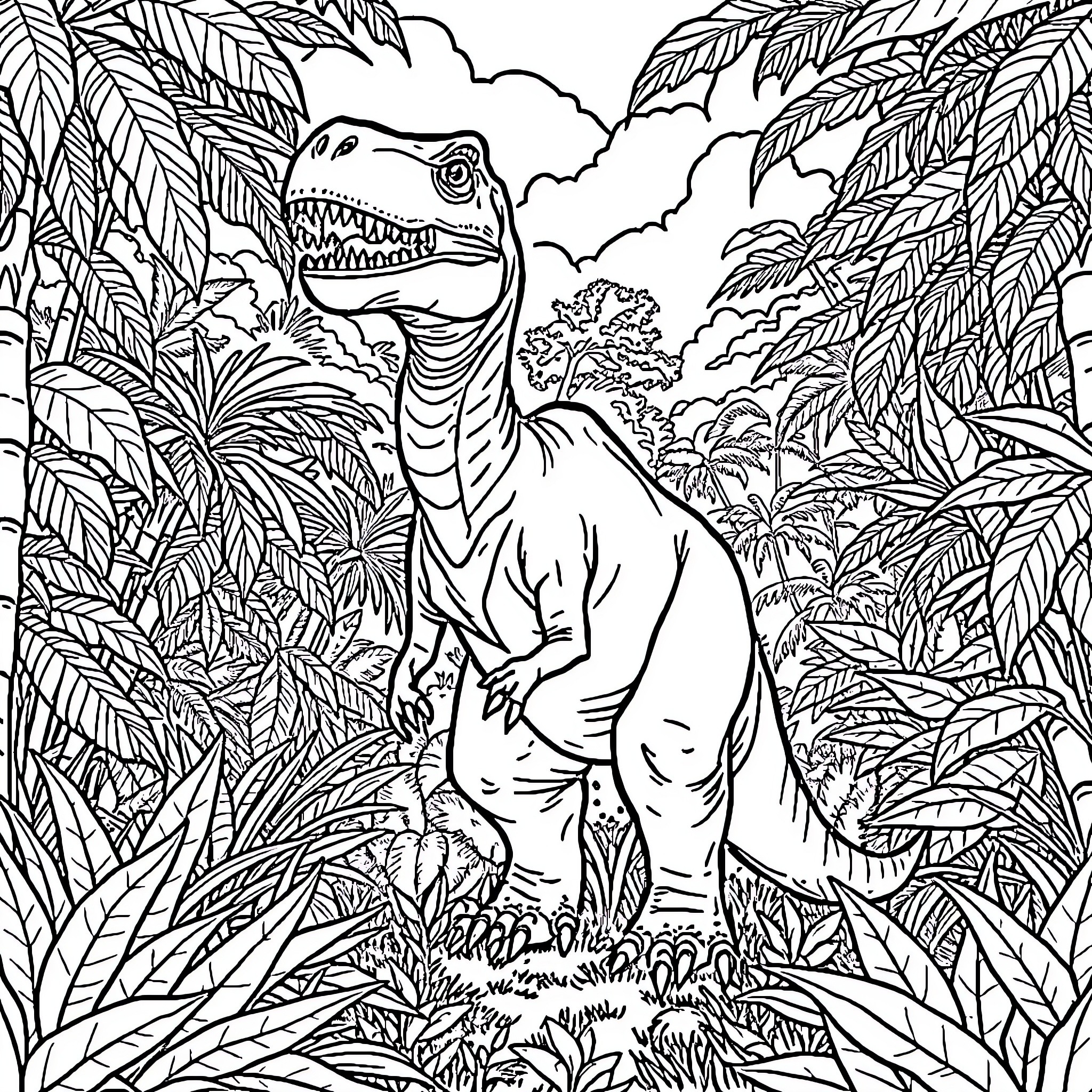 Dinosaur roaming in lush jungle landscape Coloring Page (free black-and-white line drawing printable PDF for all, from beginners to advanced learners, including children, teens, adults, and seniors)