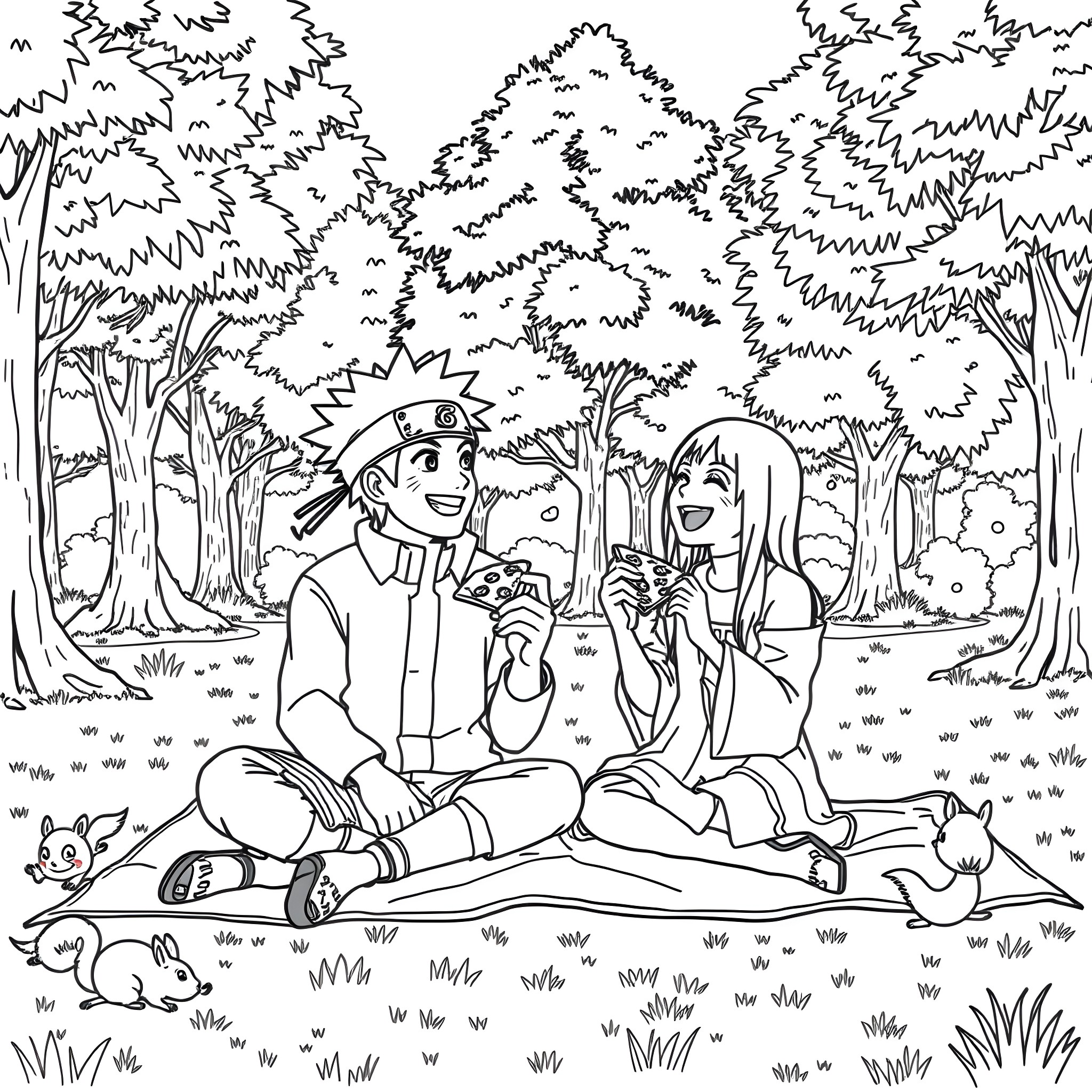 Naruto and friends enjoying a relaxing day in the forest Coloring Page (free black-and-white line drawing printable PDF for all, from beginners to advanced learners, including children, teens, adults, and seniors)