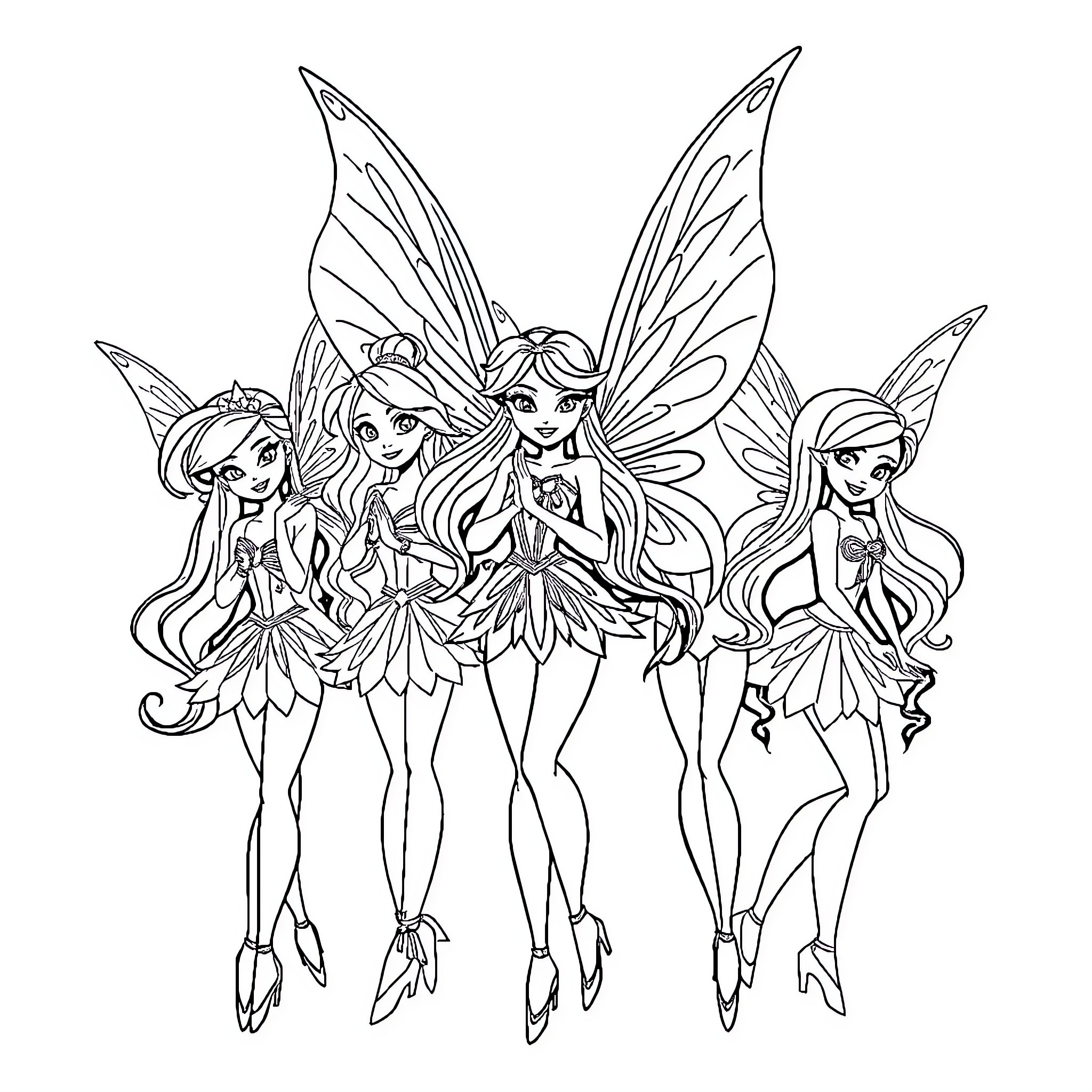 Fairy Princesses in Colorful Outfits and Poses Coloring Page (free black-and-white line drawing printable PDF for all, from beginners to advanced learners, including children, teens, adults, and seniors)