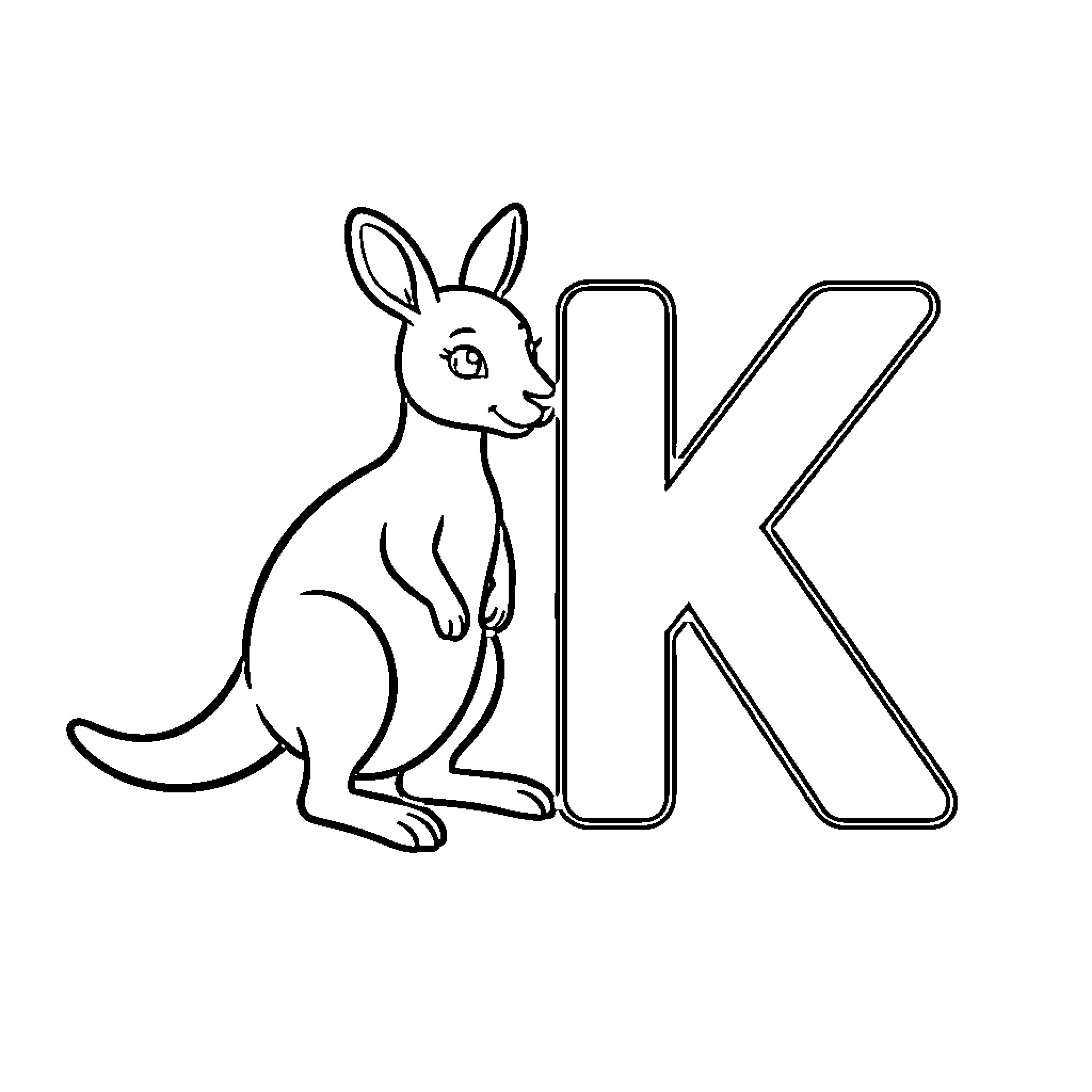 Kangaroo standing next to a large letter K Coloring Page (free black-and-white line drawing printable PDF for all, from beginners to advanced learners, including children, teens, adults, and seniors)