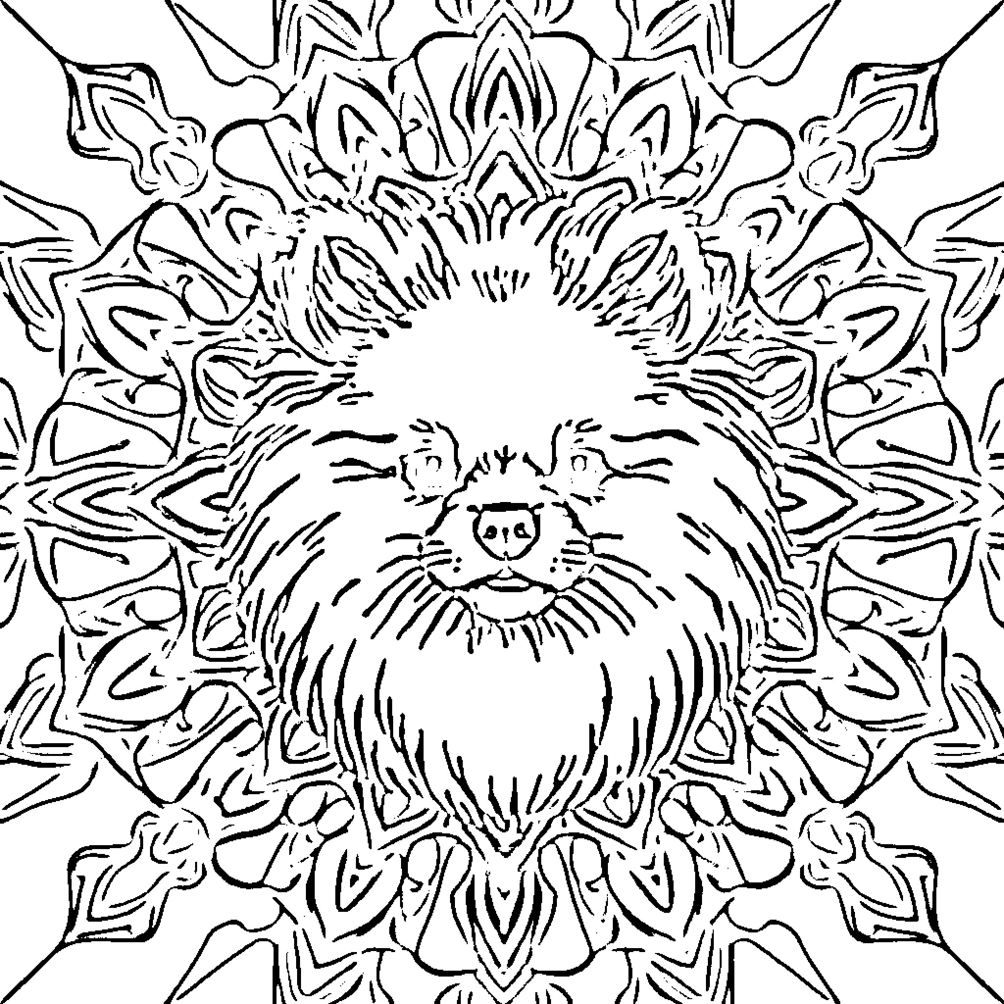 Pomeranian in a decorative abstract pattern Coloring Page (free black-and-white line drawing printable PDF for all, from beginners to advanced learners, including children, teens, adults, and seniors)