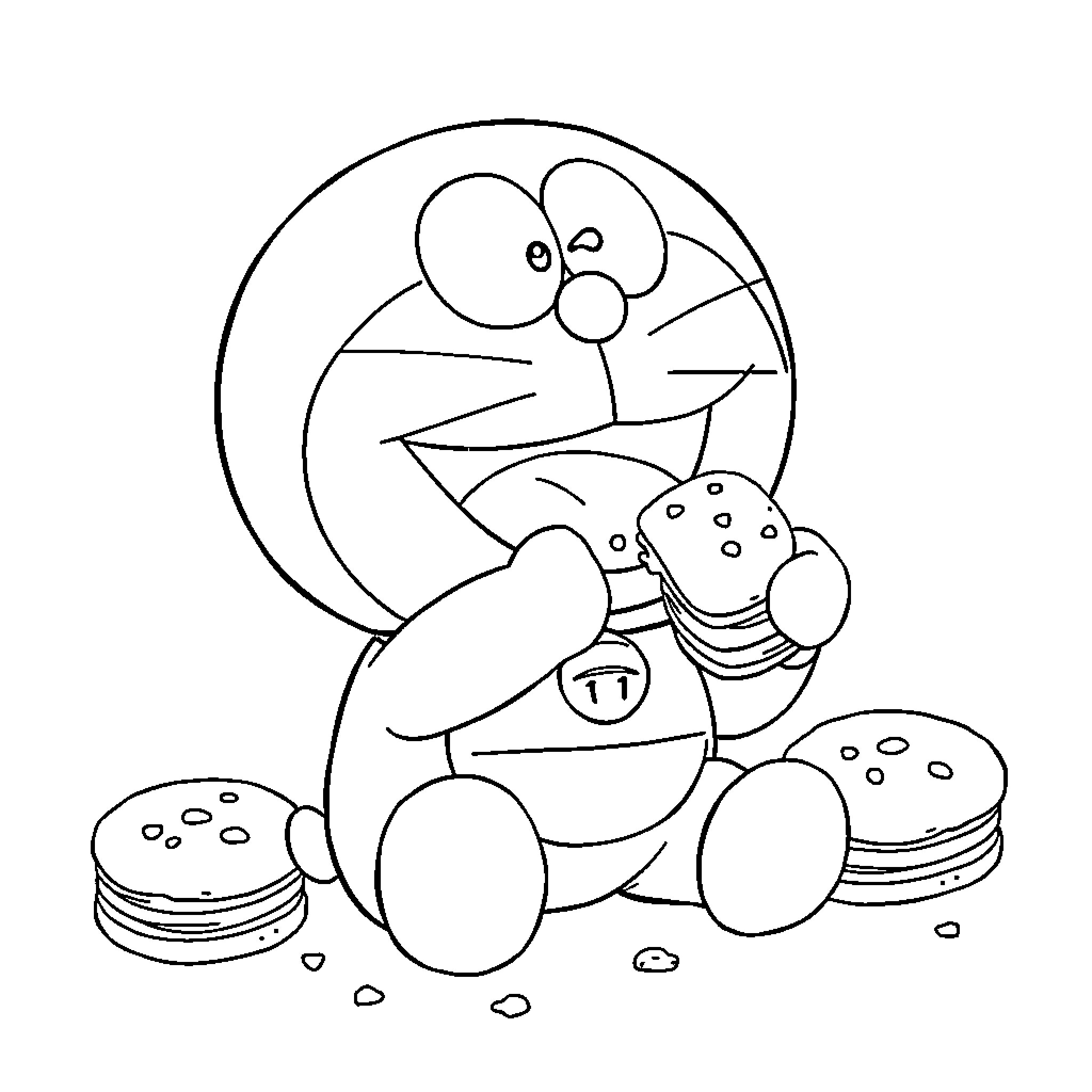 Doraemon enjoying snacks and treats Coloring Page (free black-and-white line drawing printable PDF for all, from beginners to advanced learners, including children, teens, adults, and seniors)