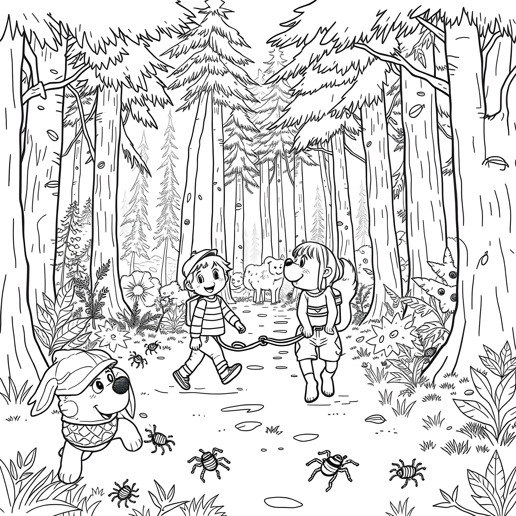 Person exploring the forest with friends and pets Coloring Page (free black-and-white line drawing printable PDF for all, from beginners to advanced learners, including children, teens, adults, and seniors)