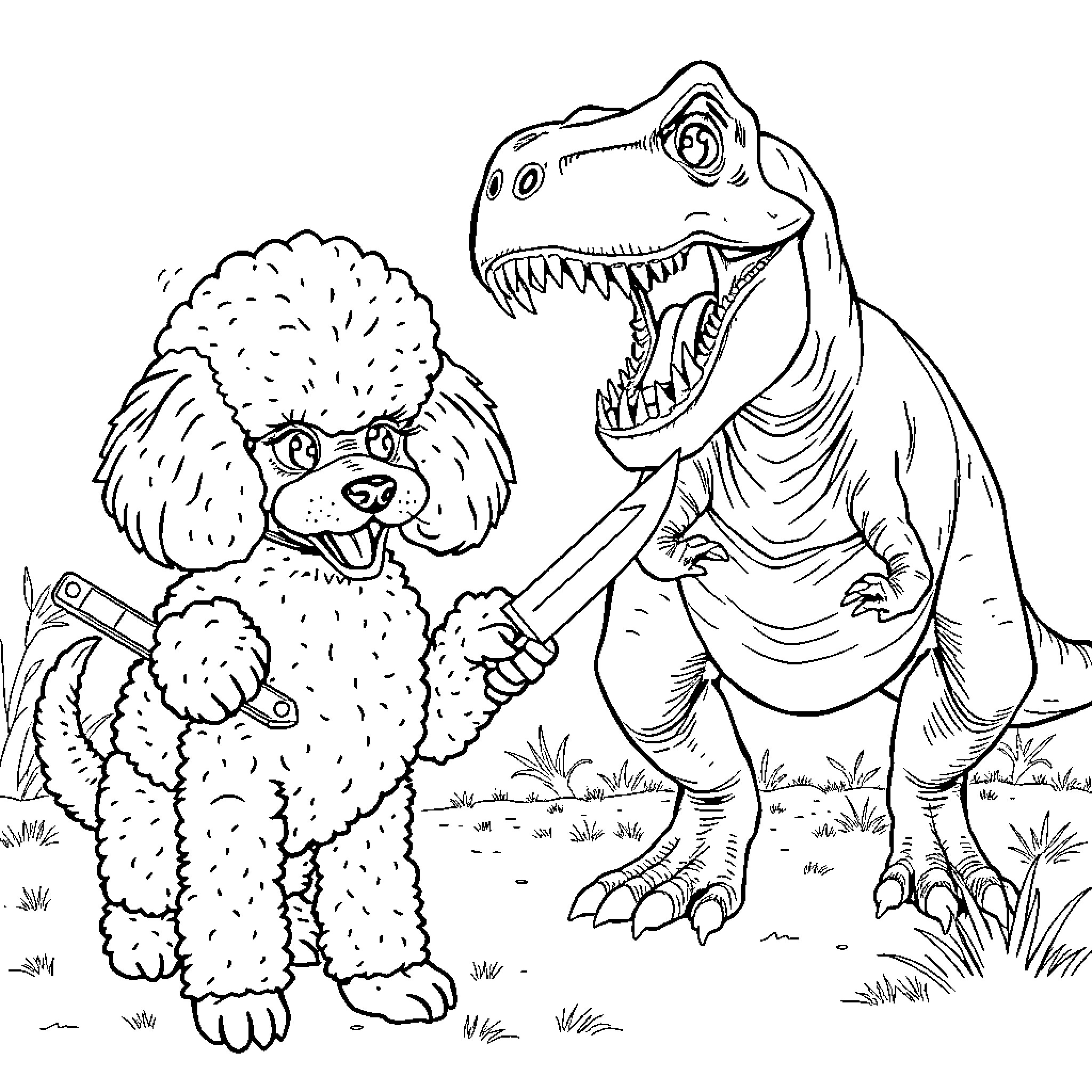 Poodle Playing with Friendly Dinosaur Coloring Page (free black-and-white line drawing printable PDF for all, from beginners to advanced learners, including children, teens, adults, and seniors)