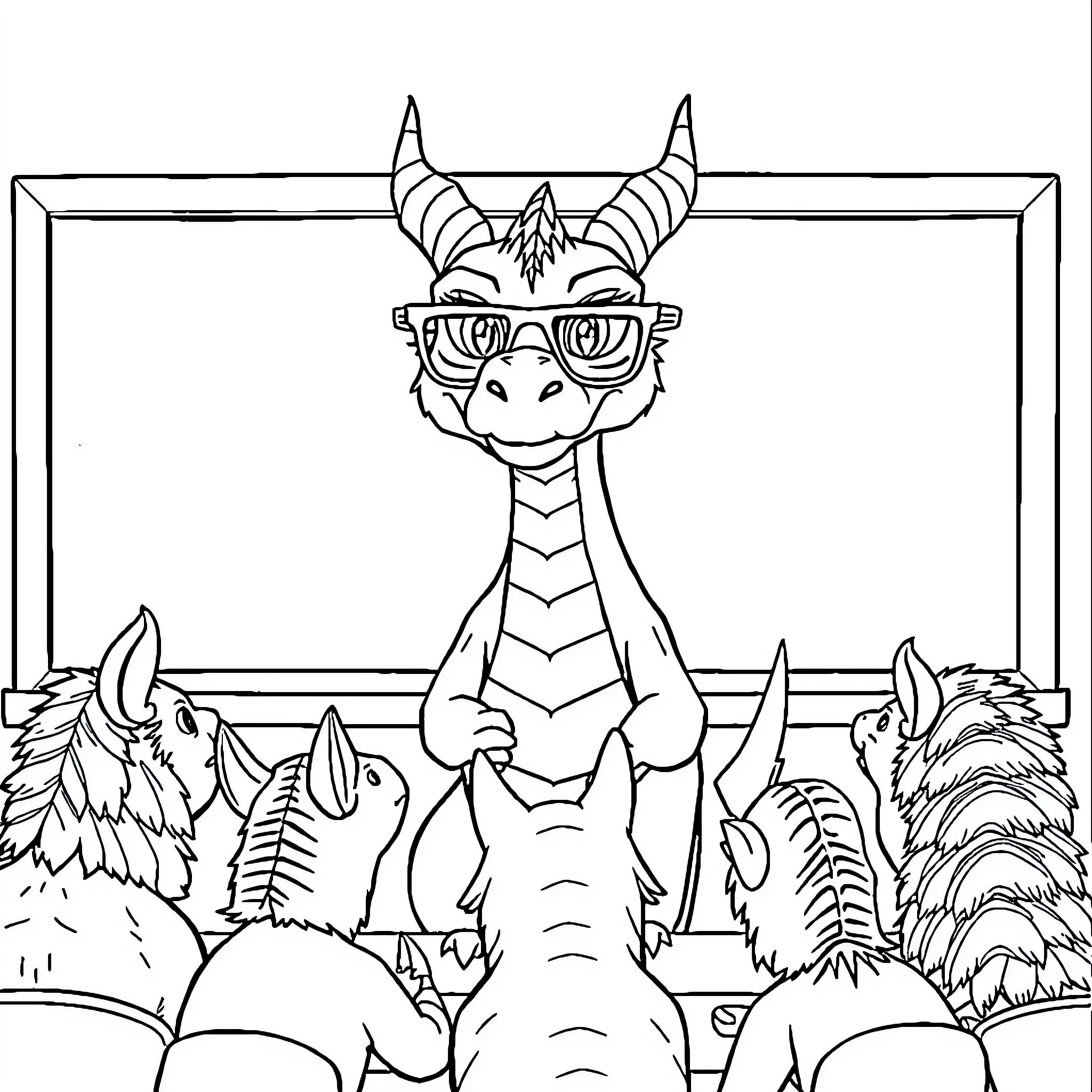 Dragon Wearing Glasses Surrounded by Animals Coloring Page (free black-and-white line drawing printable PDF for all, from beginners to advanced learners, including children, teens, adults, and seniors)