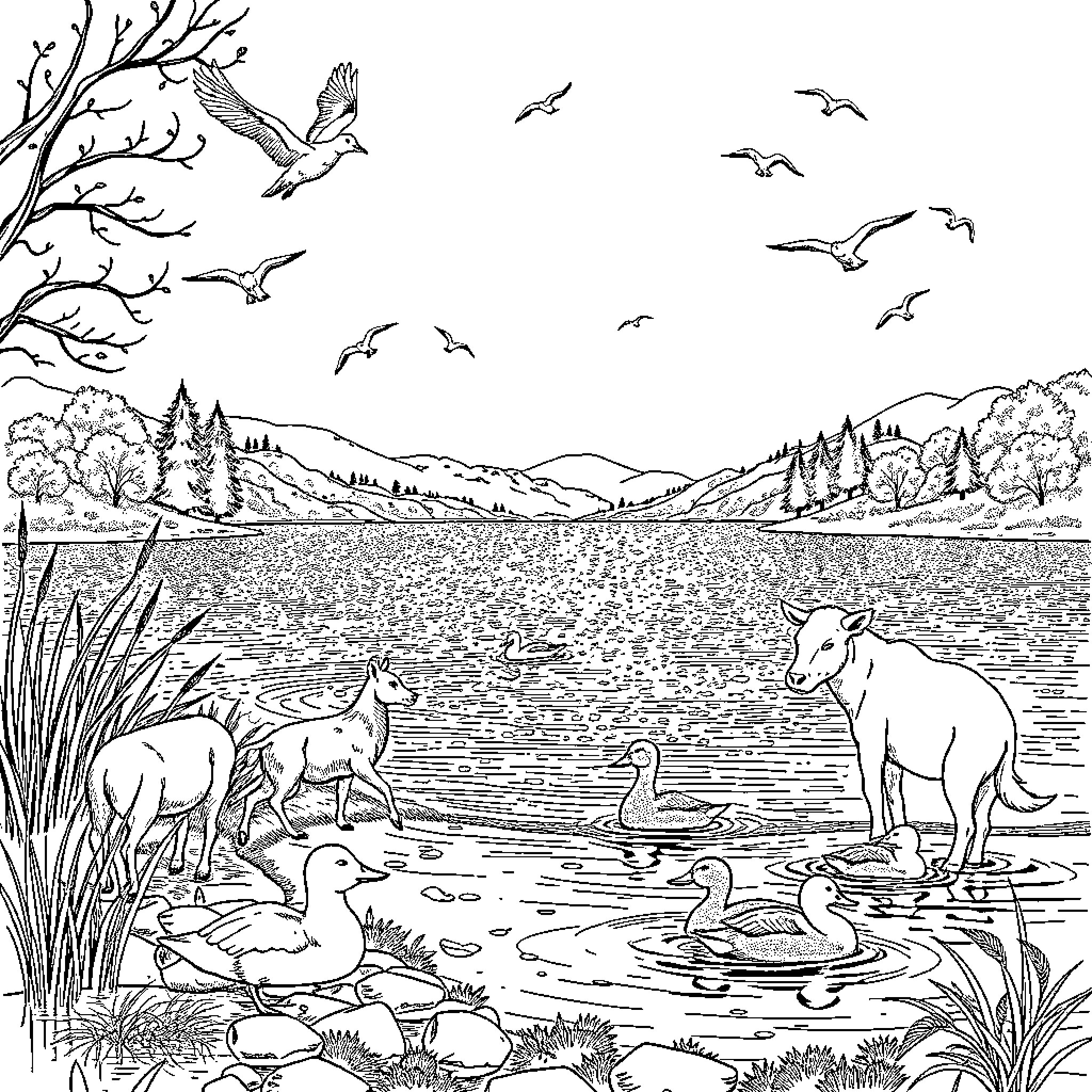 Animal Scene with Wildlife in Nature Coloring Page (free black-and-white line drawing printable PDF for all, from beginners to advanced learners, including children, teens, adults, and seniors)