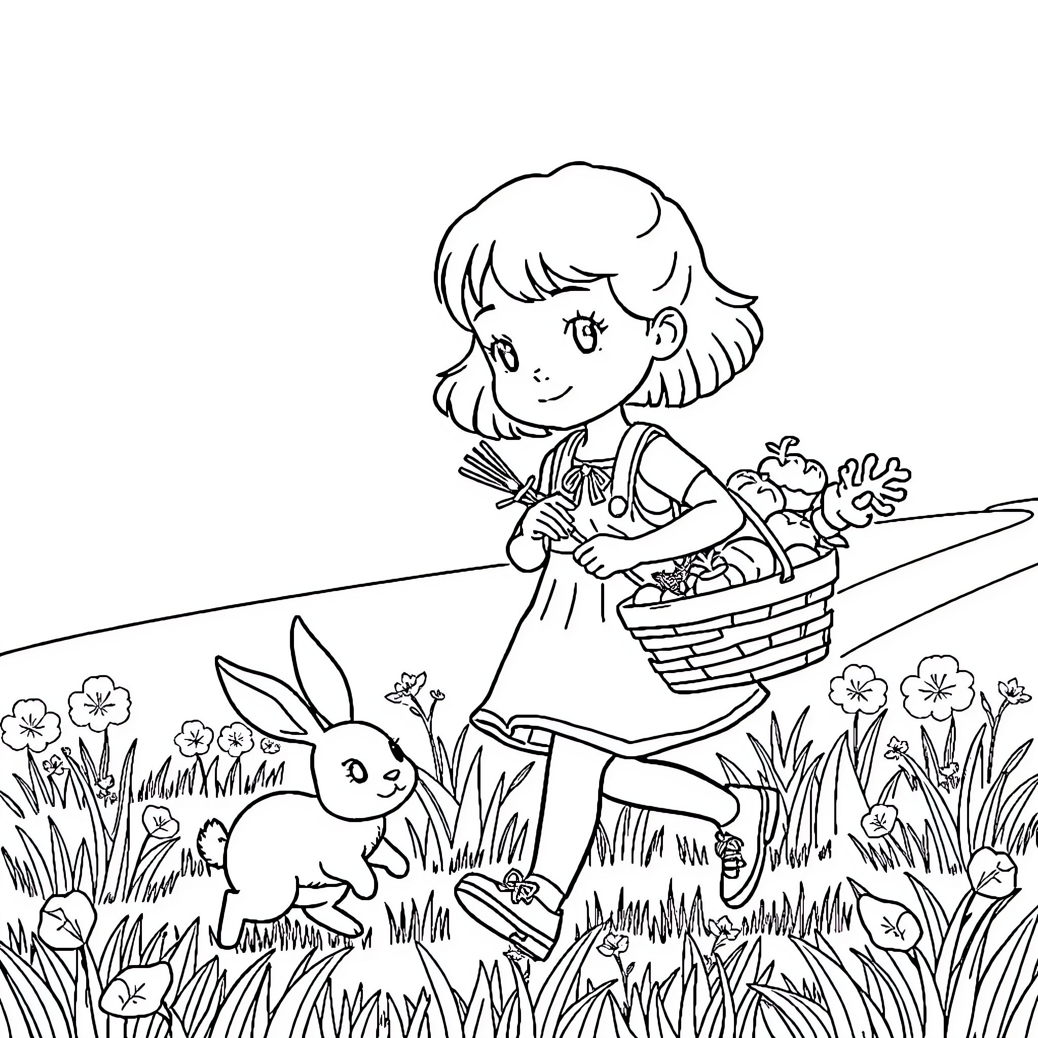 Fille joyeusement cueillant des fleurs avec un lapin Coloring Page (free black-and-white line drawing printable PDF for all, from beginners to advanced learners, including children, teens, adults, and seniors)