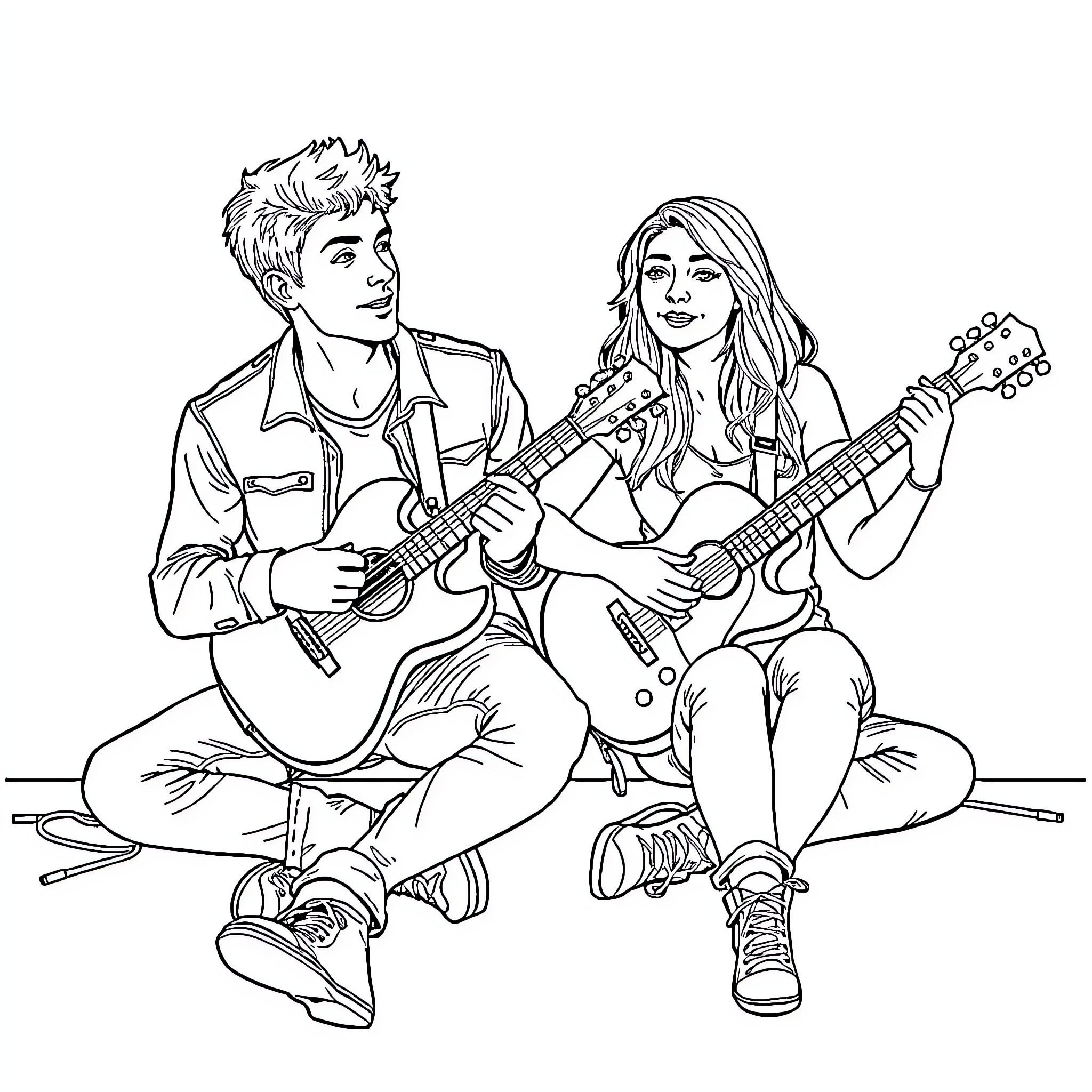 Guitar duo performing on stage Coloring Page (free black-and-white line drawing printable PDF for all, from beginners to advanced learners, including children, teens, adults, and seniors)
