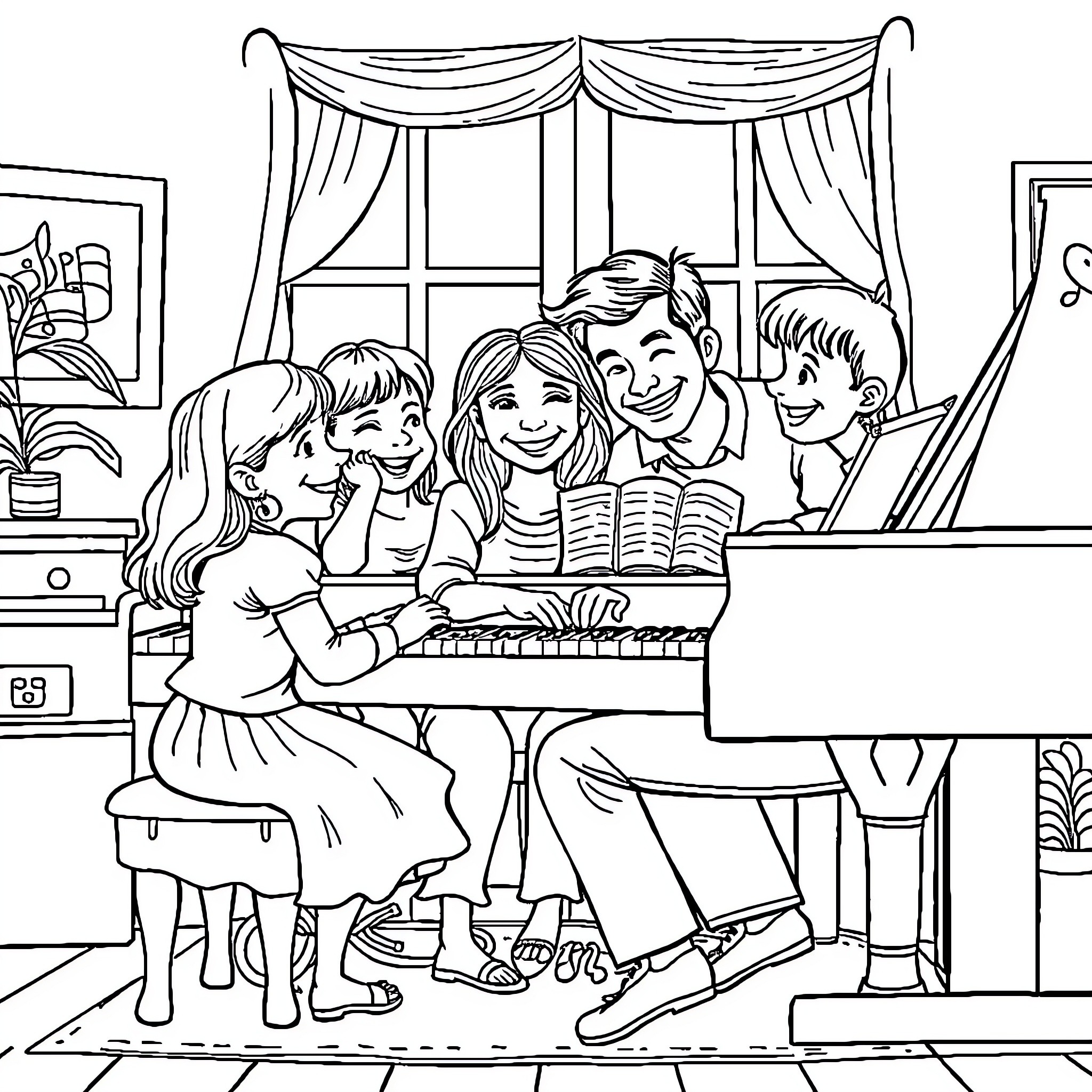 Piano Family Gathering with Smiles and Books Coloring Page (free black-and-white line drawing printable PDF for all, from beginners to advanced learners, including children, teens, adults, and seniors)