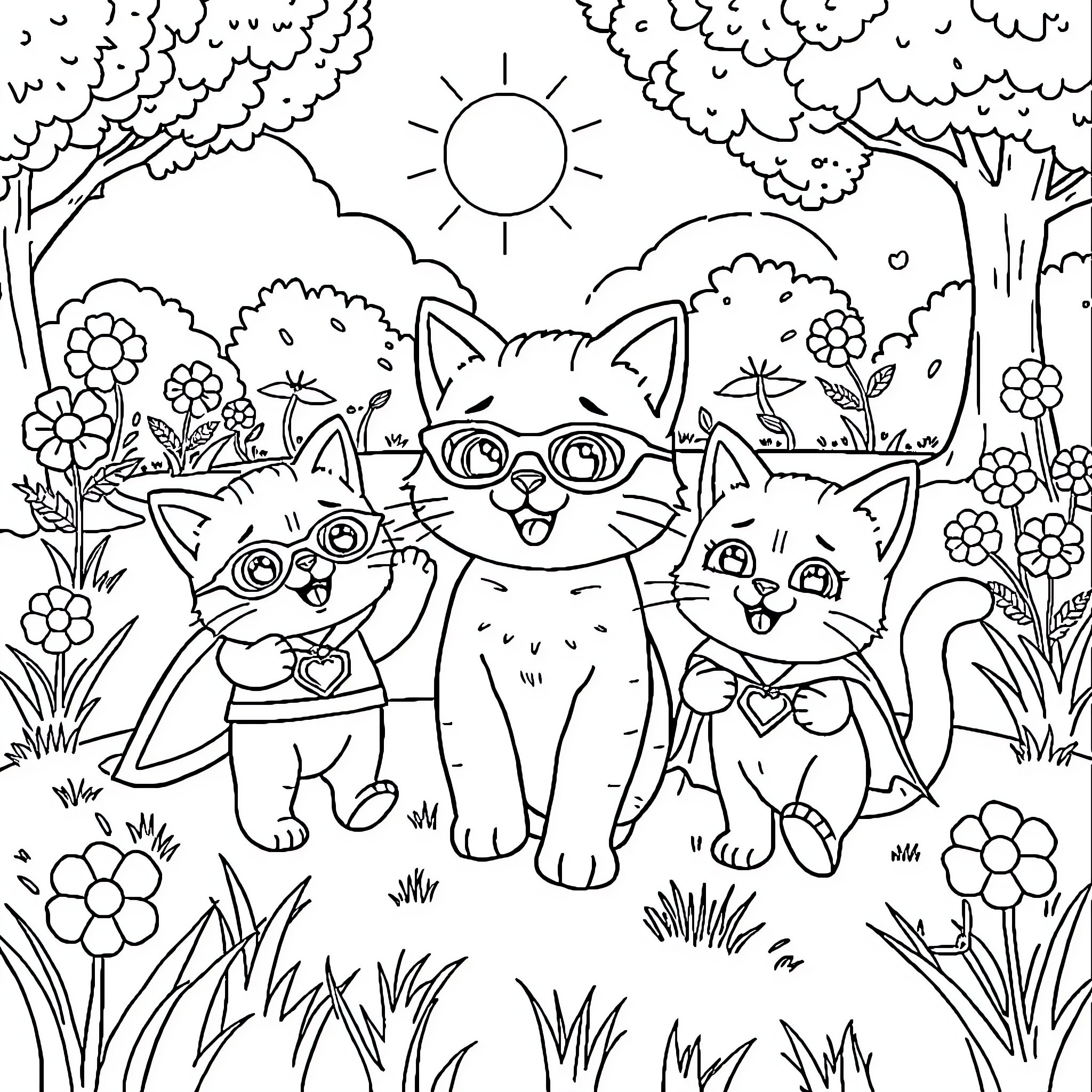 Numberblocks Kittens Exploring Floral Meadow Coloring Page (free black-and-white line drawing printable PDF for all, from beginners to advanced learners, including children, teens, adults, and seniors)