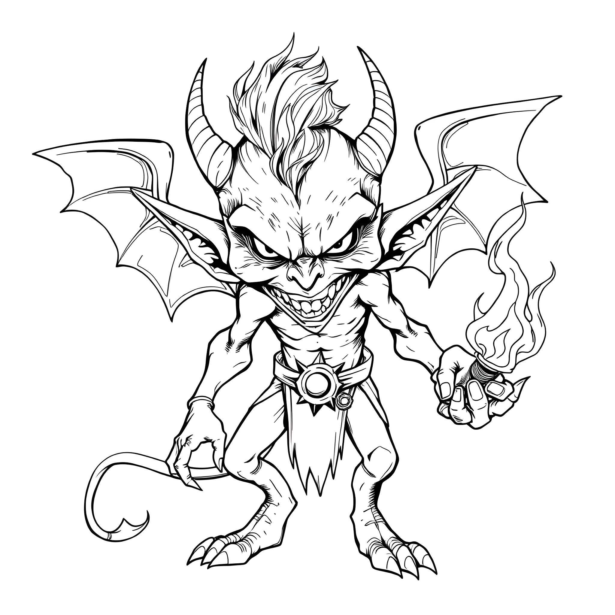 Goblin Demon with Fiery Claws and Wings Coloring Page (free black-and-white line drawing printable PDF for all, from beginners to advanced learners, including children, teens, adults, and seniors)