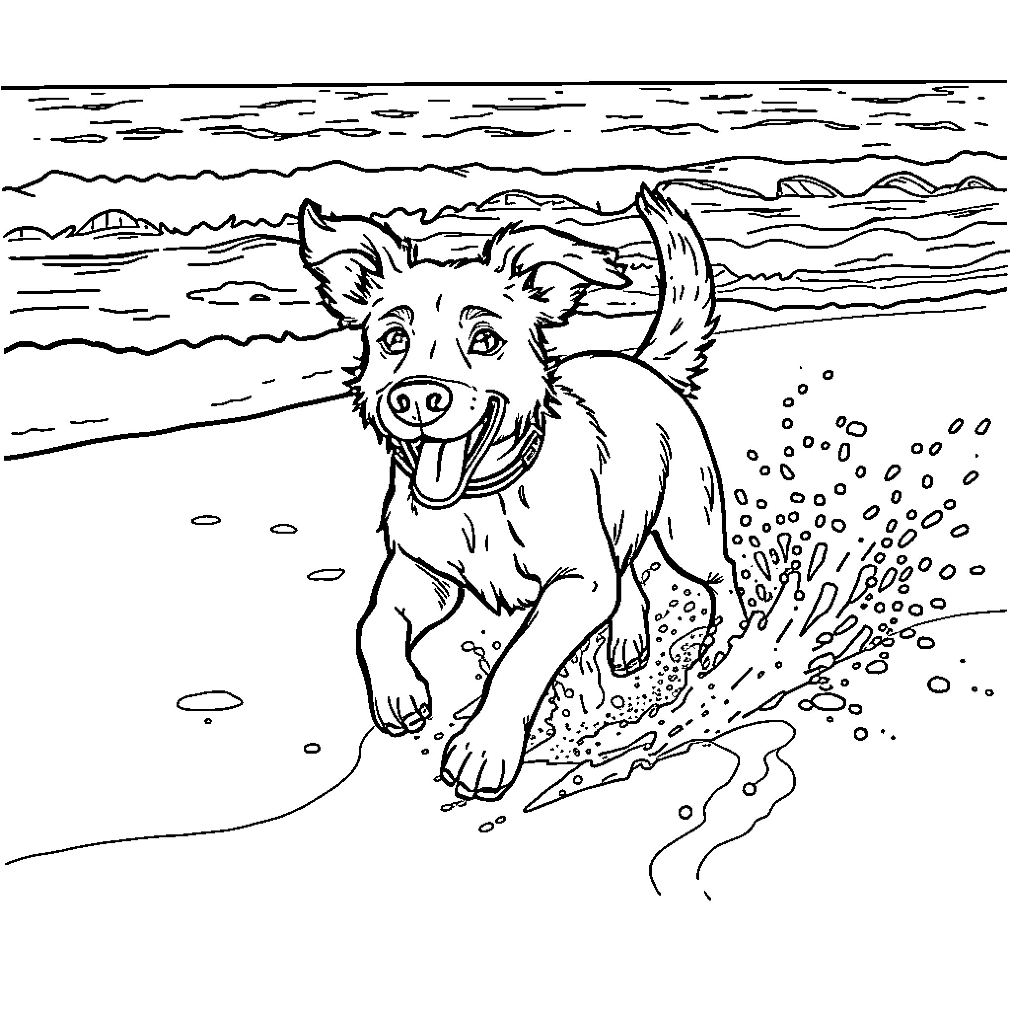 Dog playing joyfully on the beach Coloring Page (free black-and-white line drawing printable PDF for all, from beginners to advanced learners, including children, teens, adults, and seniors)
