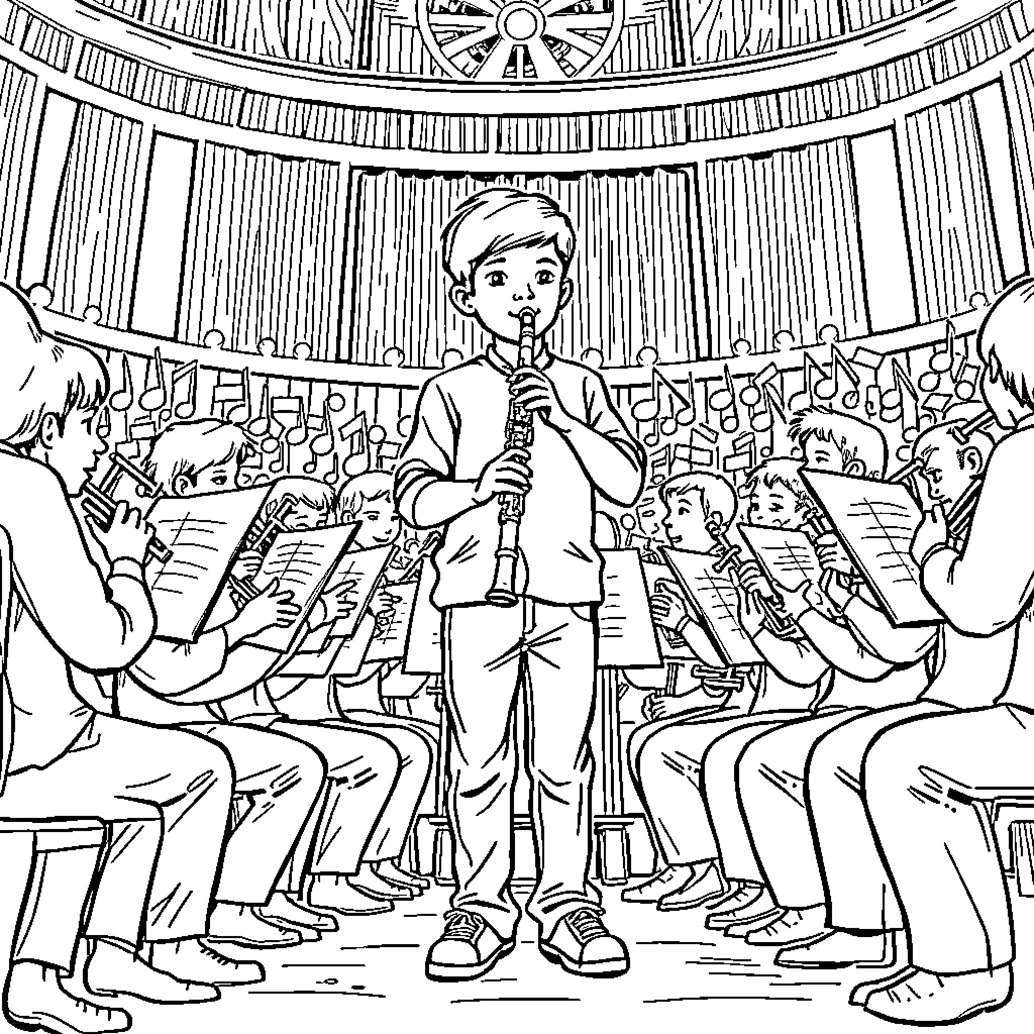 Boy performing with orchestra on stage Coloring Page (free black-and-white line drawing printable PDF for all, from beginners to advanced learners, including children, teens, adults, and seniors)