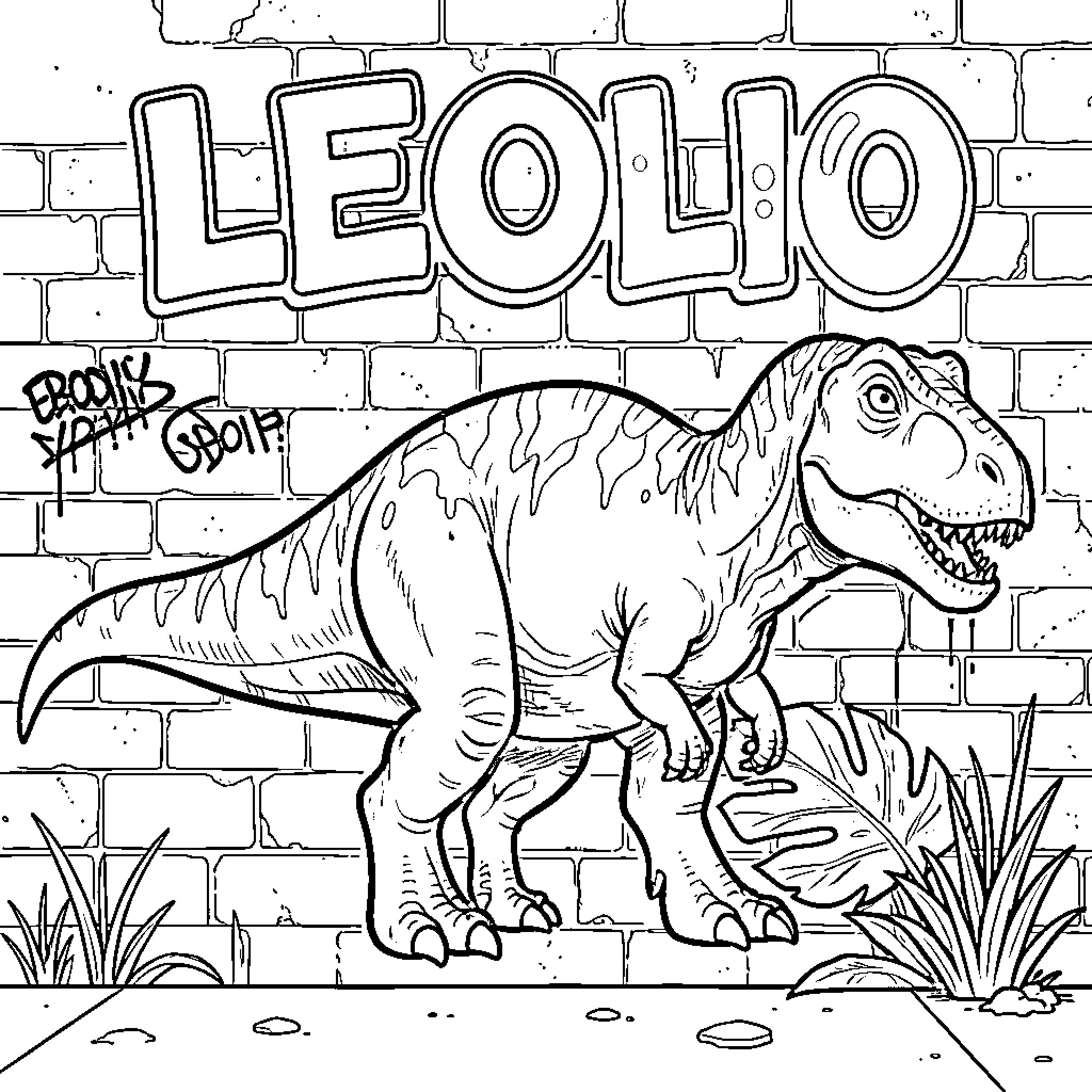 Dinosaur graffiti on brick wall Coloring Page (free black-and-white line drawing printable PDF for all, from beginners to advanced learners, including children, teens, adults, and seniors)