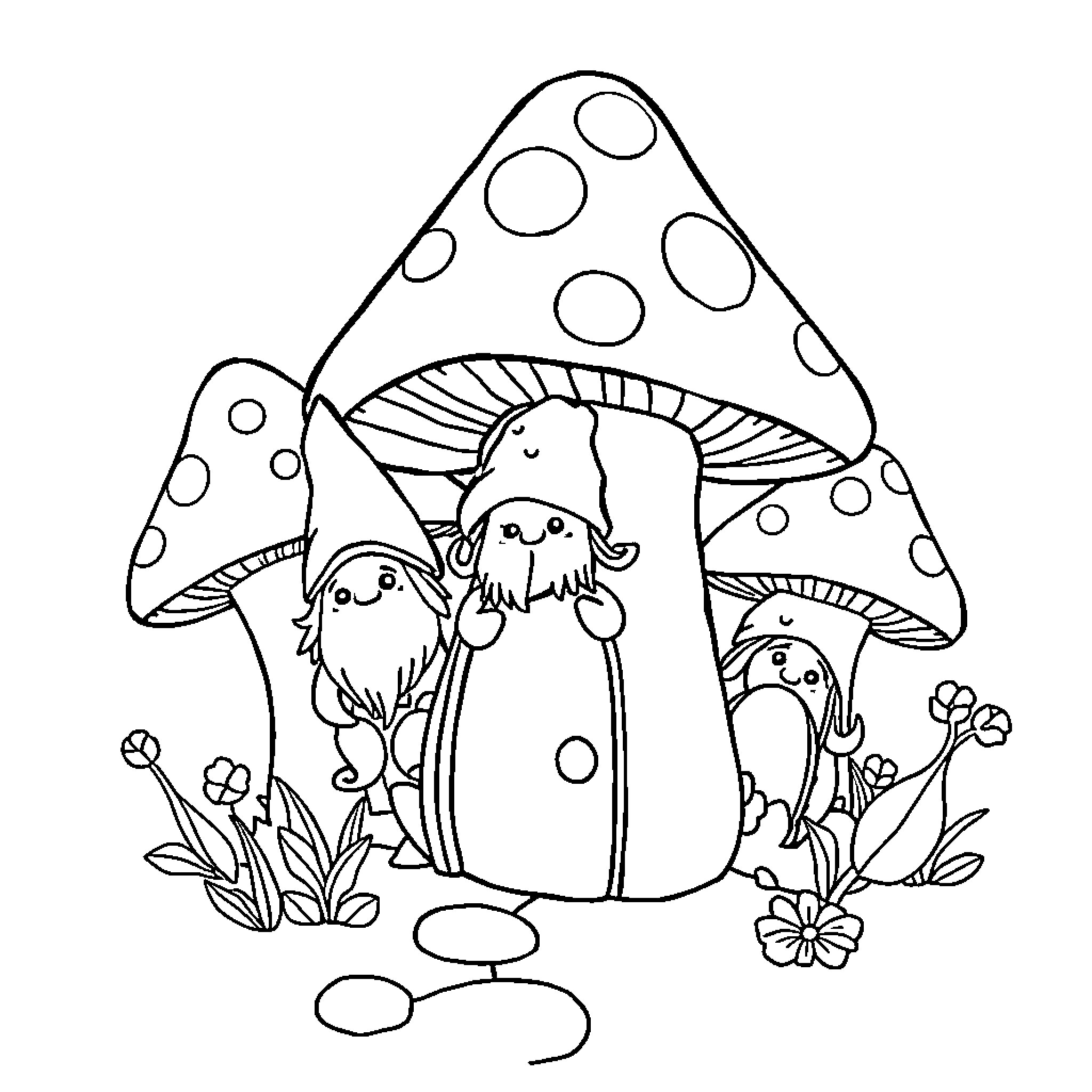 Gnome resting peacefully under mushroom canopy Coloring Page (free black-and-white line drawing printable PDF for all, from beginners to advanced learners, including children, teens, adults, and seniors)