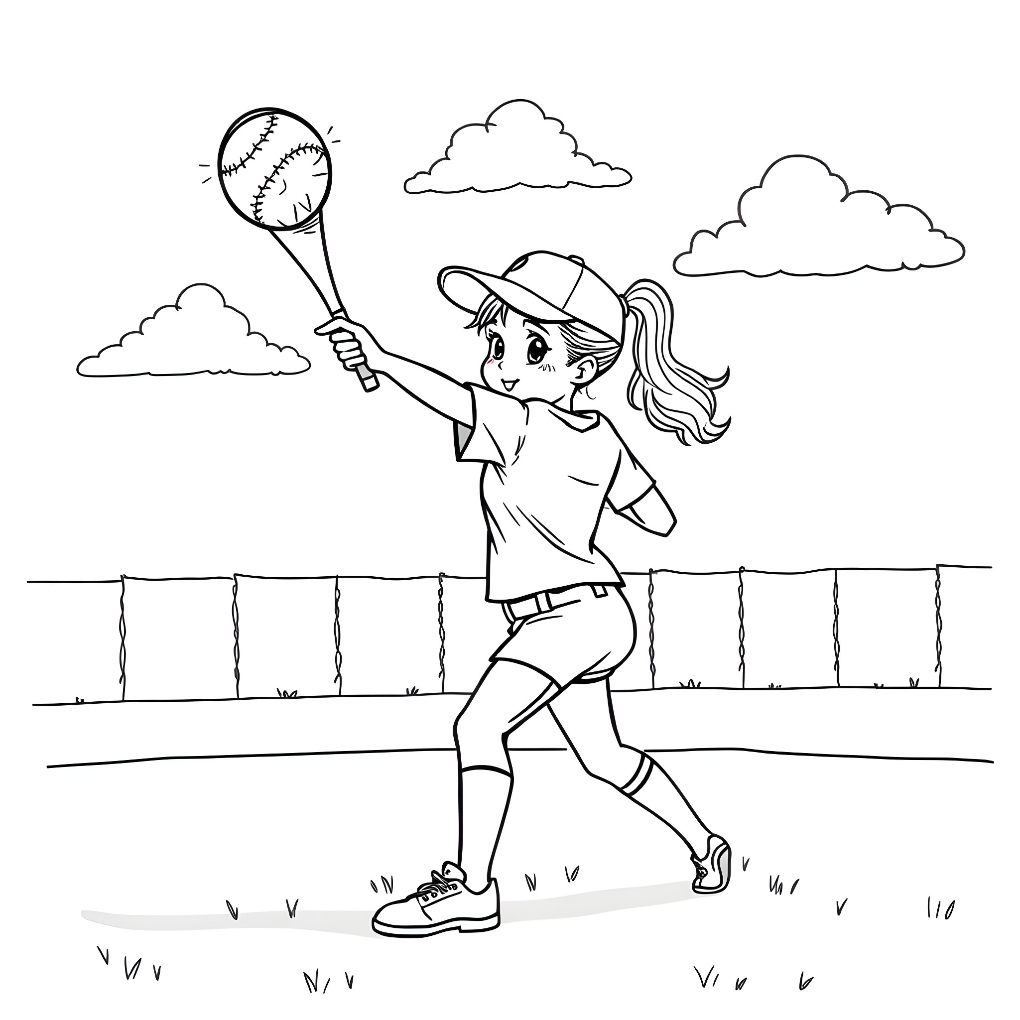 Softball player in action on the field Coloring Page (free black-and-white line drawing printable PDF for all, from beginners to advanced learners, including children, teens, adults, and seniors)