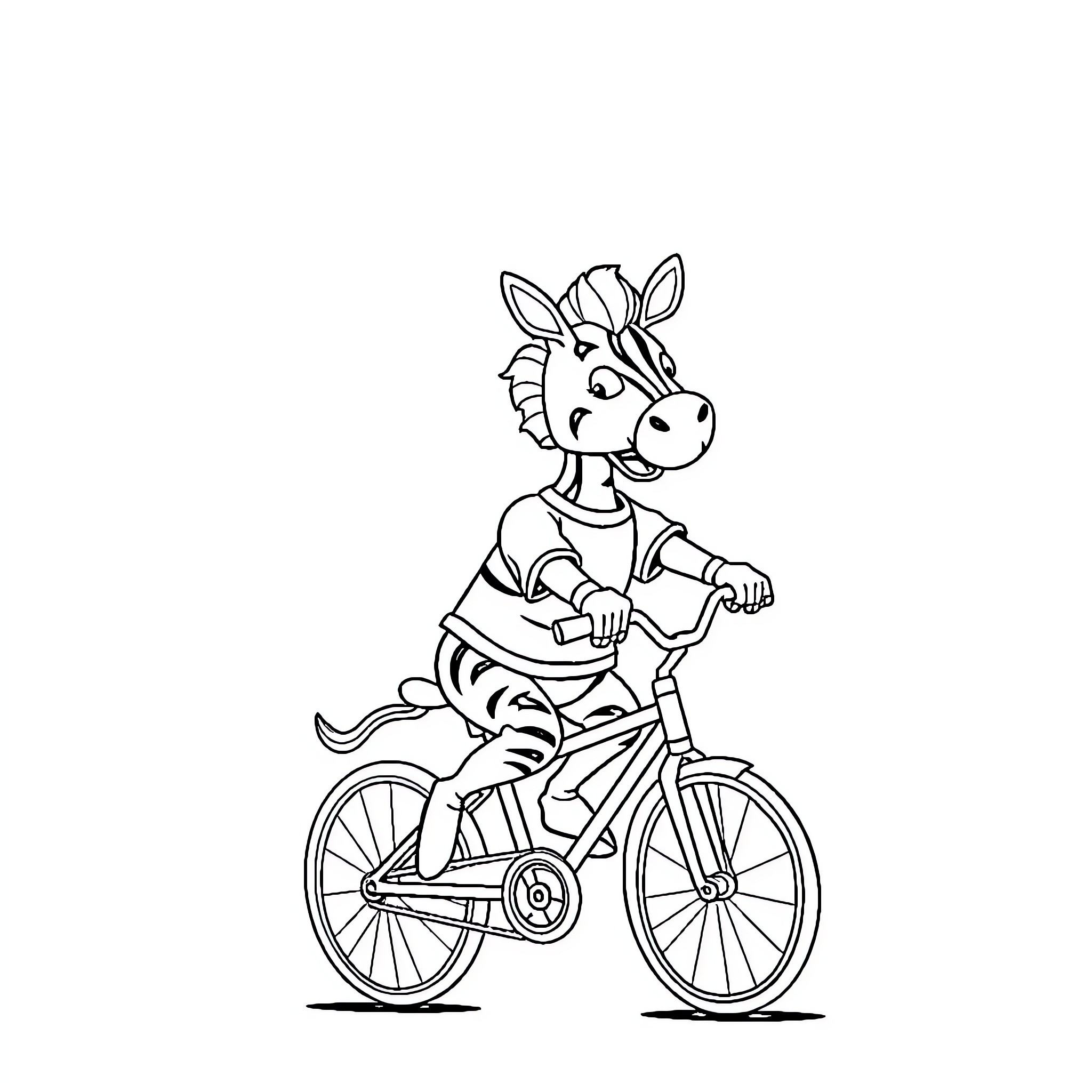 Zebra riding a bicycle with enthusiasm Coloring Page (free black-and-white line drawing printable PDF for all, from beginners to advanced learners, including children, teens, adults, and seniors)