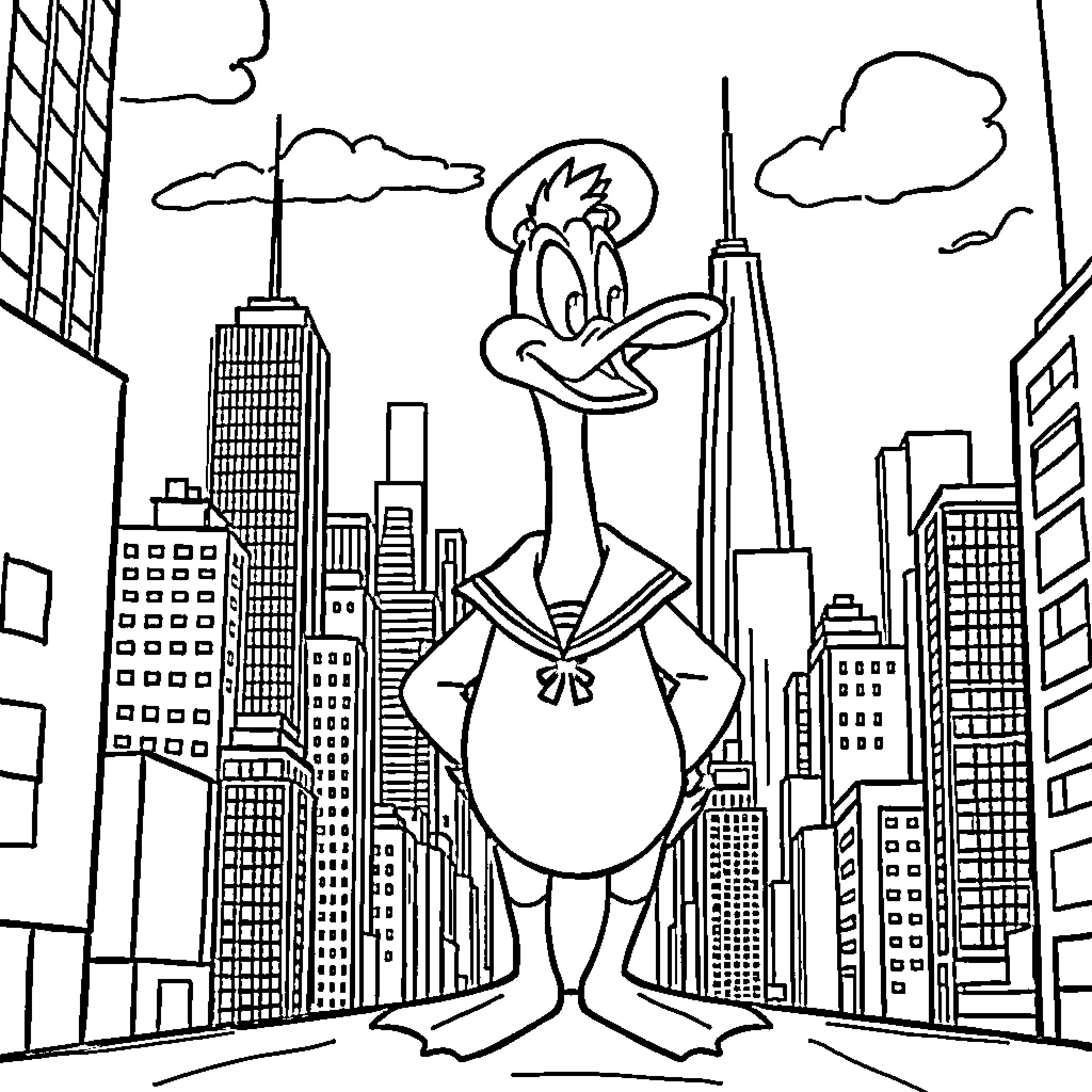 Howard's Wacky Adventures in the City Coloring Page (free black-and-white line drawing printable PDF for all, from beginners to advanced learners, including children, teens, adults, and seniors)