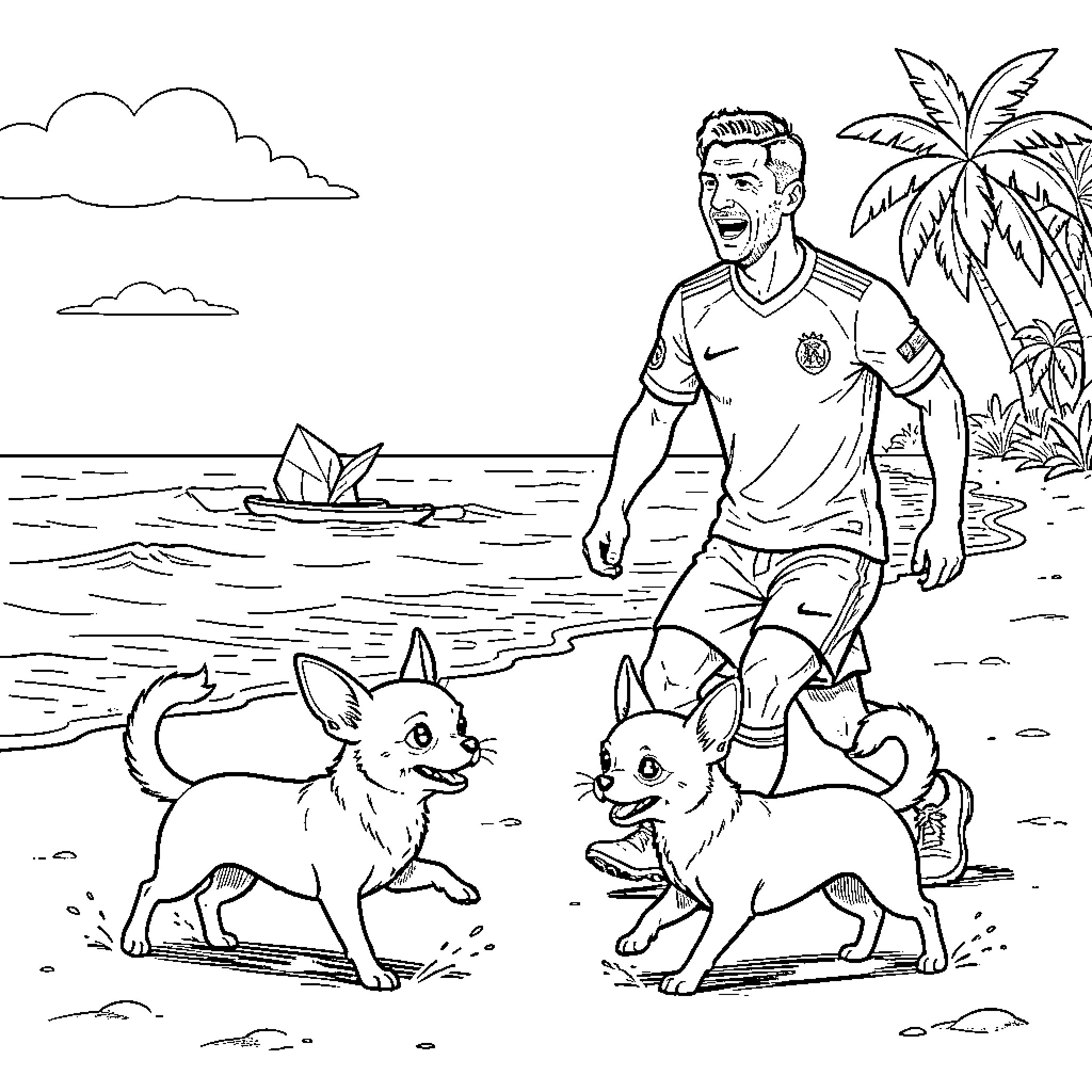 Chihuahua running playfully on the beach with a man Coloring Page (free black-and-white line drawing printable PDF for all, from beginners to advanced learners, including children, teens, adults, and seniors)