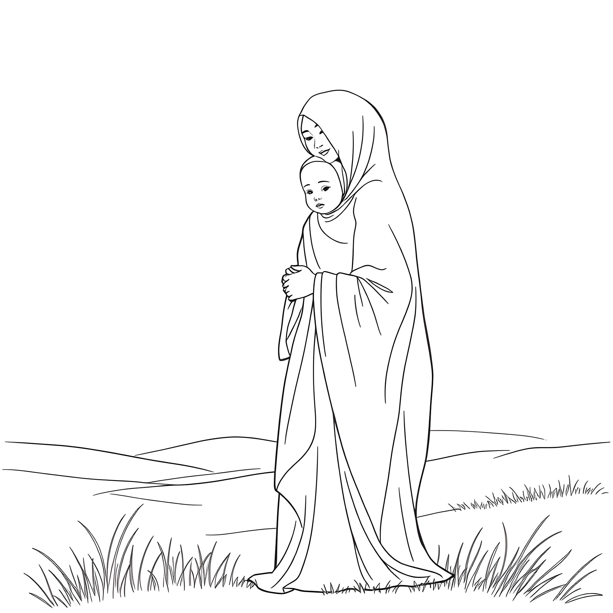 Muslim Woman Praying with Child in Nature Coloring Page (free black-and-white line drawing printable PDF for all, from beginners to advanced learners, including children, teens, adults, and seniors)